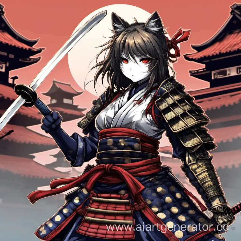 Неко девушка, самурай, с бронёй самурая 
