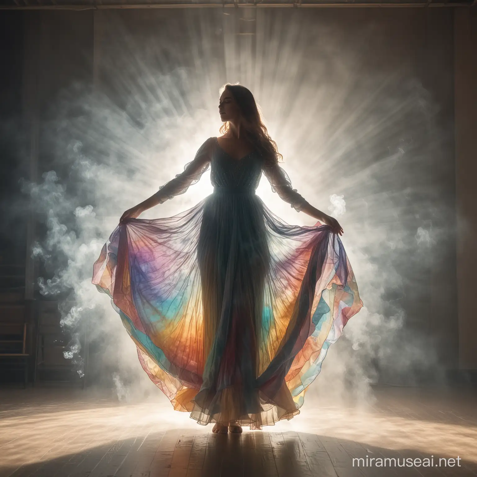 prismatic colour of full view of young beautiful dancing in long dress.background smoke prismatic glass with sunray 
from behind toward the young women.