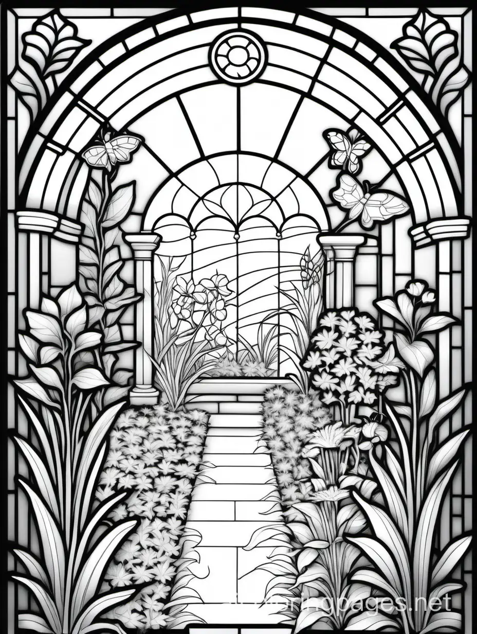 STAINED GLASS WINDOW OF A GARDEN, Coloring Page, black and white, line art, white background, Simplicity, Ample White Space. The background of the coloring page is plain white to make it easy for young children to color within the lines. The outlines of all the subjects are easy to distinguish, making it simple for kids to color without too much difficulty