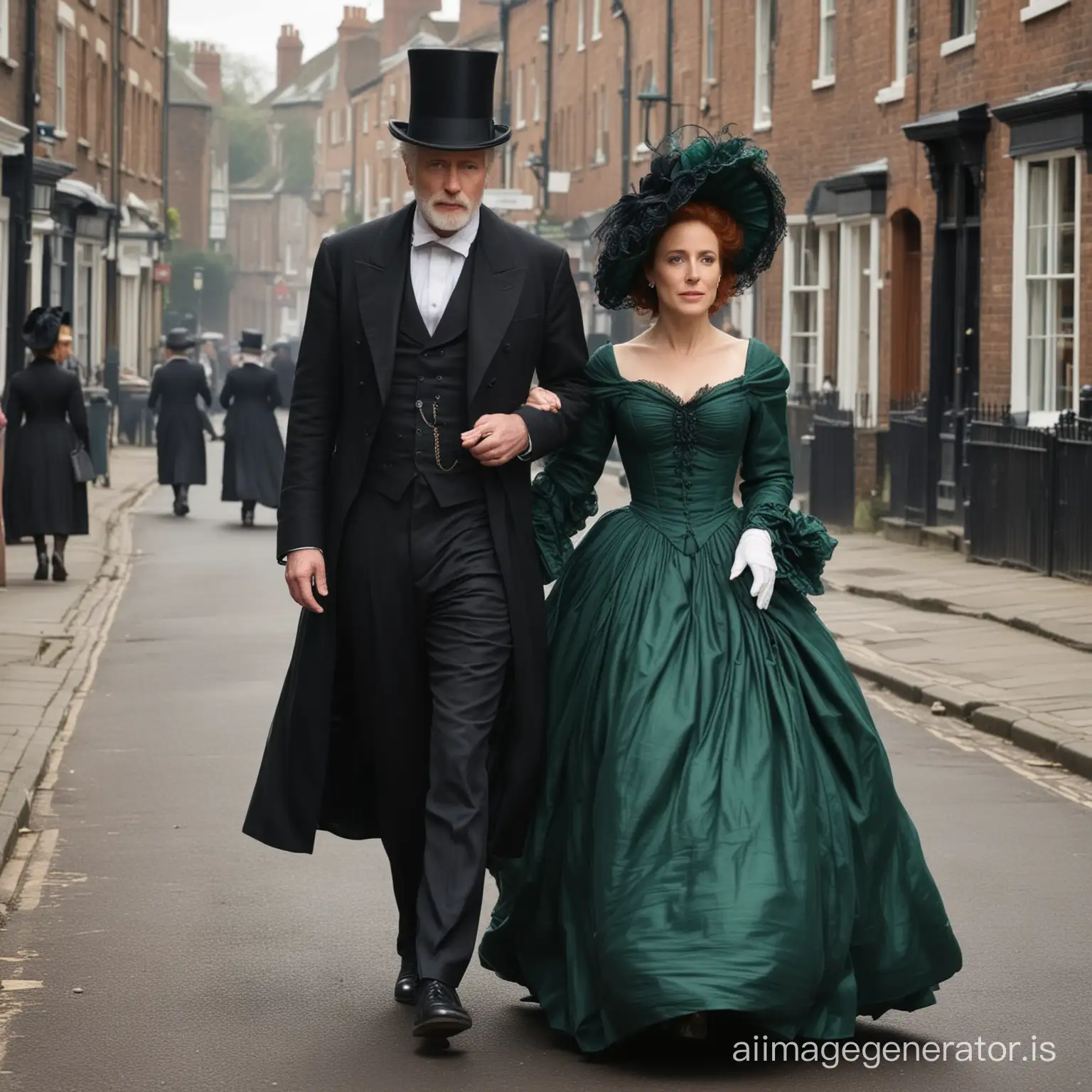 Victorian-Newlyweds-Strolling-the-Historic-Streets-Elegant-RedHaired-Woman-and-Gentleman-in-Victorian-Attire