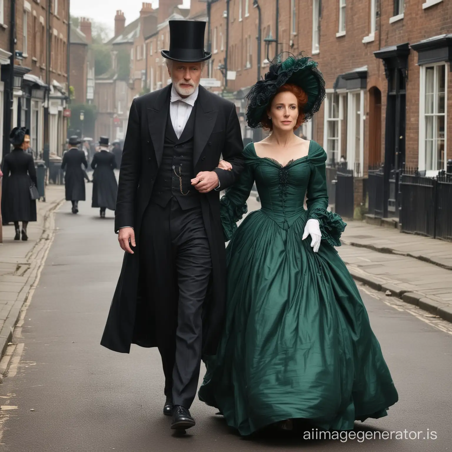 red hair Gillian Anderson wearing a dark emerald floor-length loose billowing 1860 Victorian crinoline poofy dress her hair styled into a tight bun adorned with a frilly bonnet  walking on a Victorian era street with an old man dressed into a black Victorian suit who seems to be her newlywed husband