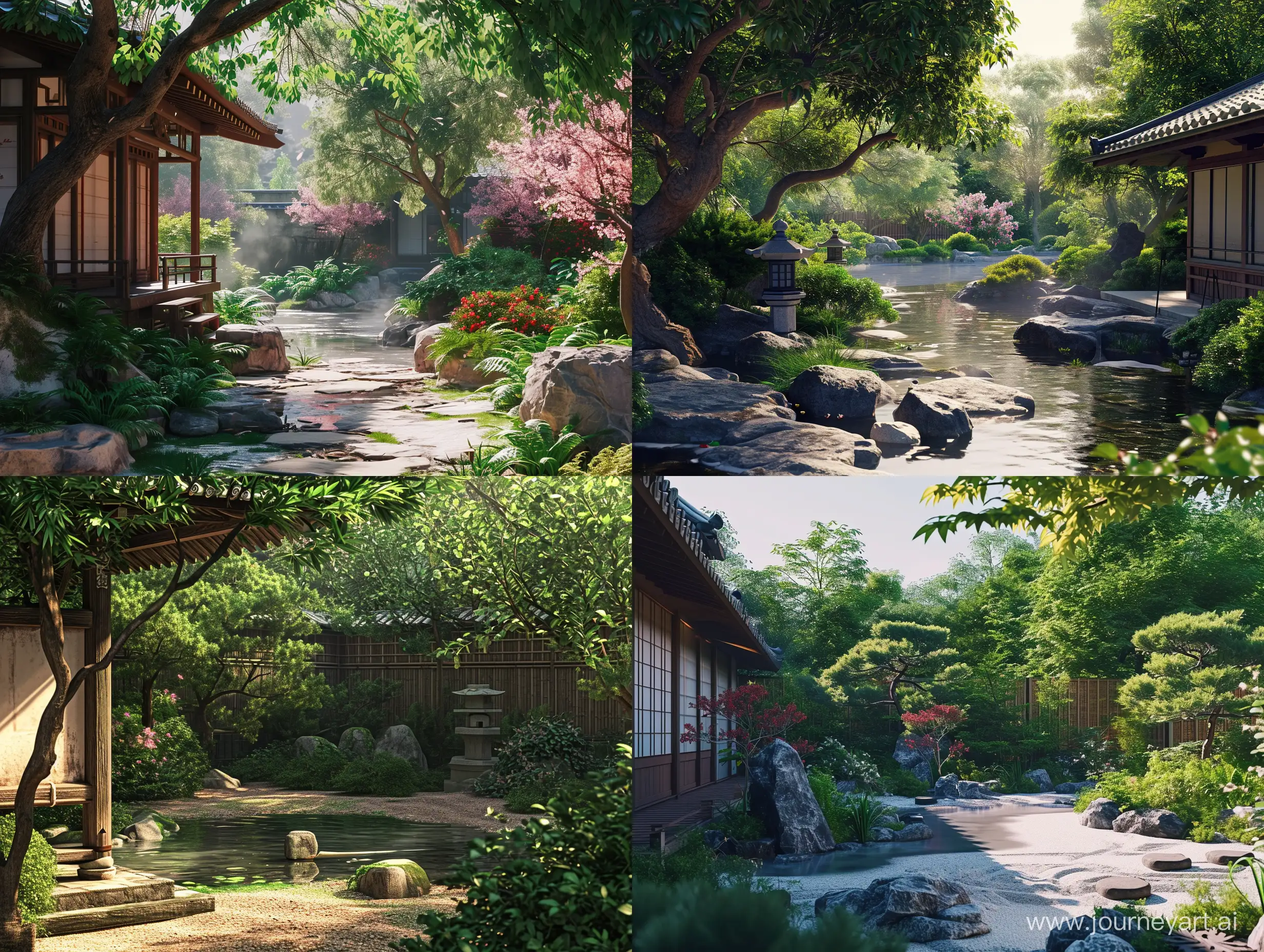 A japanese garden, serene and shady, there is a small tide in the garden, realistic, --v 6