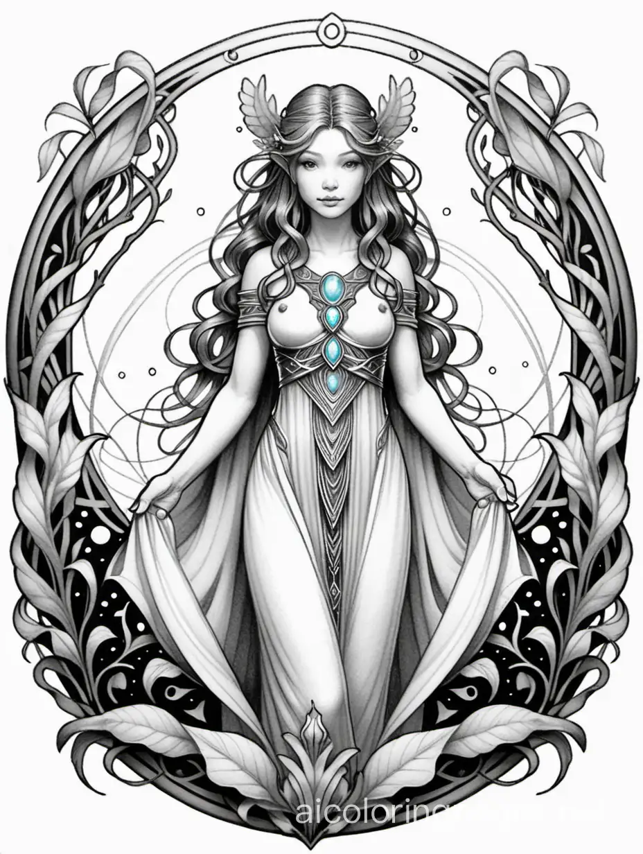 Graphic illustration Arctodus, fantasy, ethereal, beautiful, Art nouveau, in the style of Brian Froud, Coloring Page, black and white, line art, white background, Simplicity, Ample White Space. The background of the coloring page is plain white to make it easy for young children to color within the lines. The outlines of all the subjects are easy to distinguish, making it simple for kids to color without too much difficulty