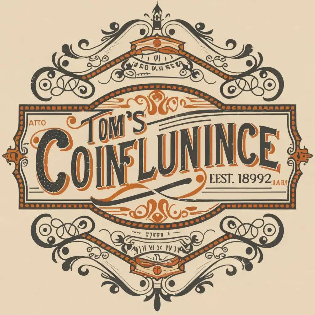 logo, old advertisement, 19th century style, ornate, with the text "Tom's Confluence", typography, be used in Retail industry
