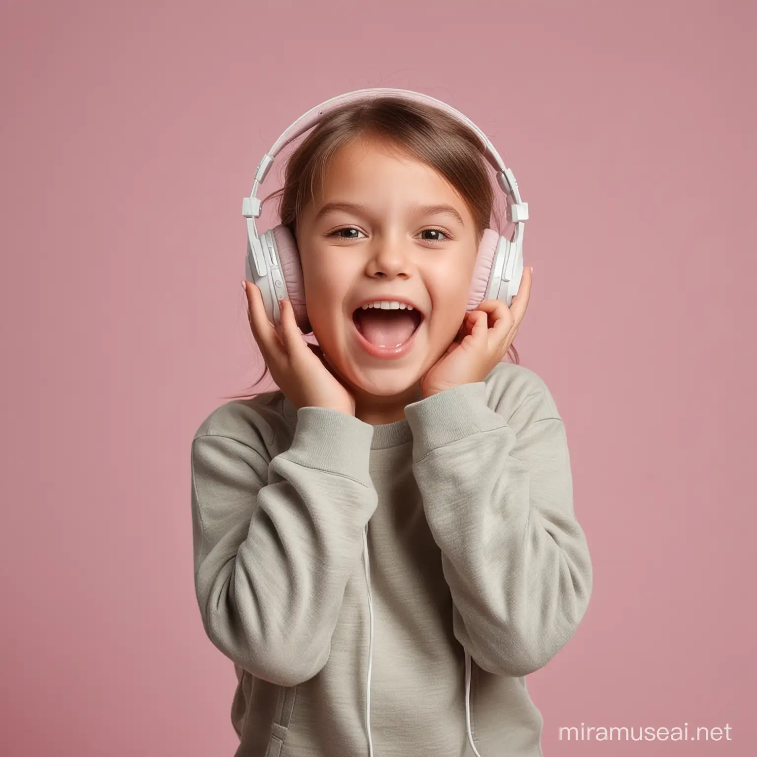 一个孩子听音乐，很开心，背景纯色