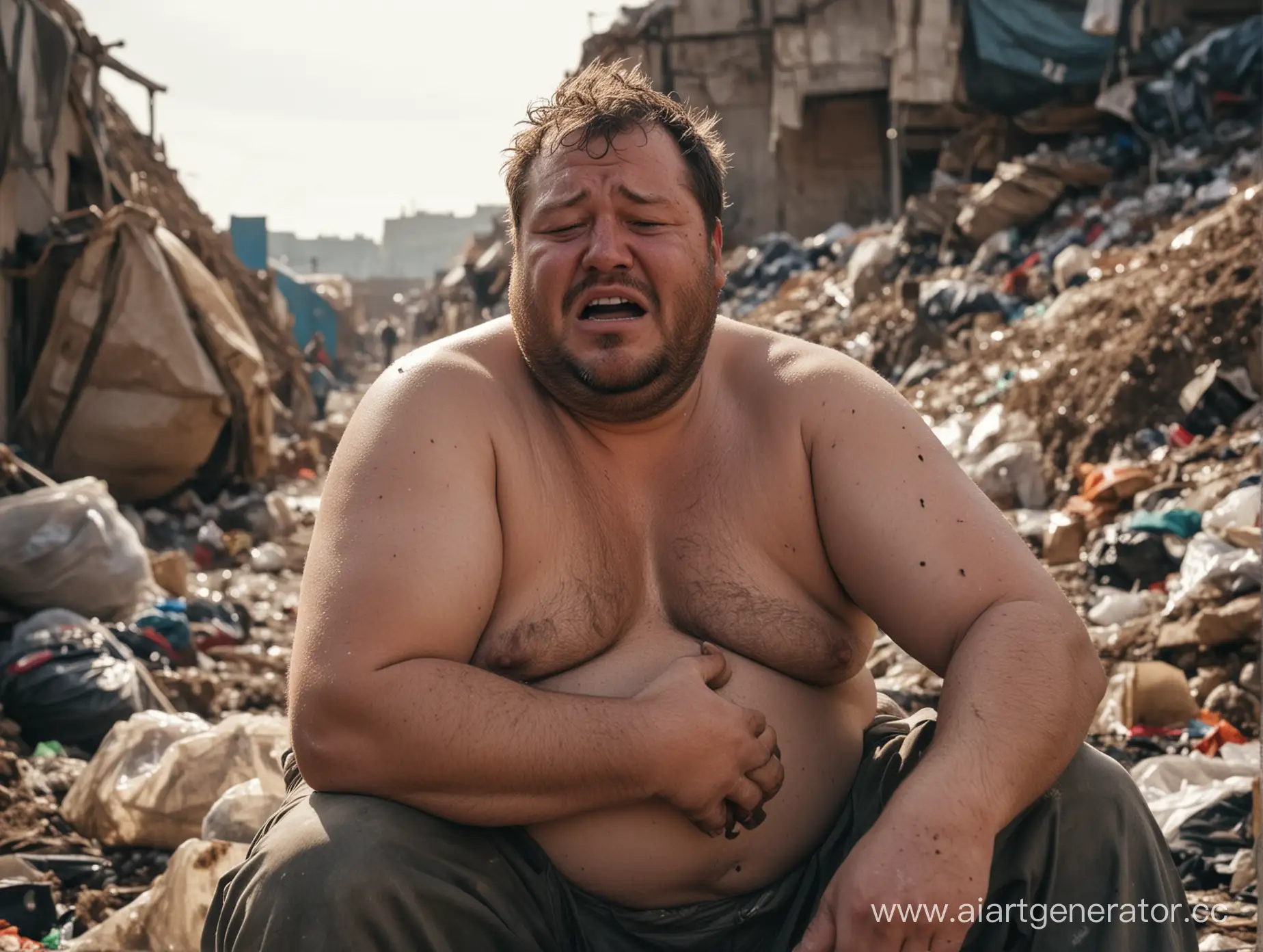 толстый и чумазый человек сидит в свалке мусора, и плачет, также видно подробно его чумазое лицо