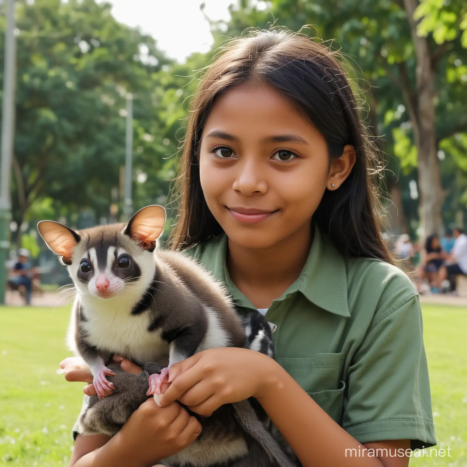realistis seorang gadis indonesia umur 12 tahun duduk di taman bersama peliharaannya sugar glider, HD