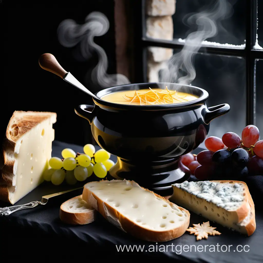 Elegant-Fondue-Setting-with-Golden-Cheese-Crust-and-Winter-Ambiance