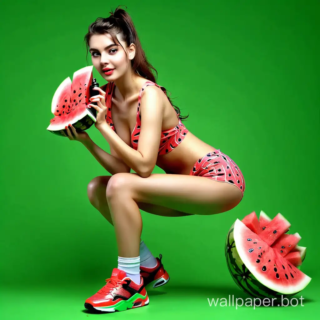 Sexy-Woman-Demonstrating-TRASH-BUSTER-Watermelon-Deodorant-Spray-on-Sneakers-for-Fitness