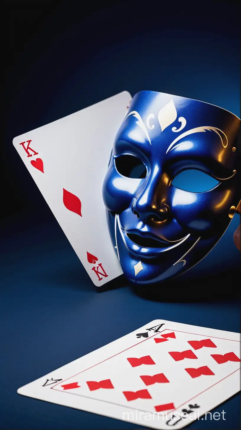 a poker card and a theater mask over a dark blue background