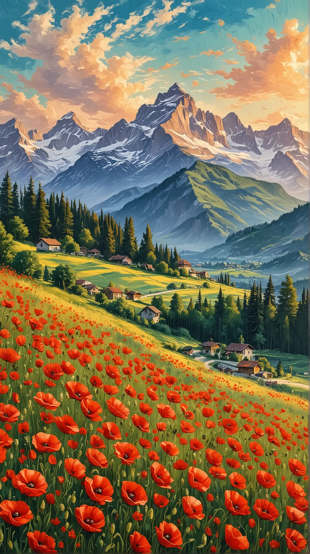 Red poppies field with majestic mountain of switzerland on summer time, acrylic palette, van gogh painting style. 

