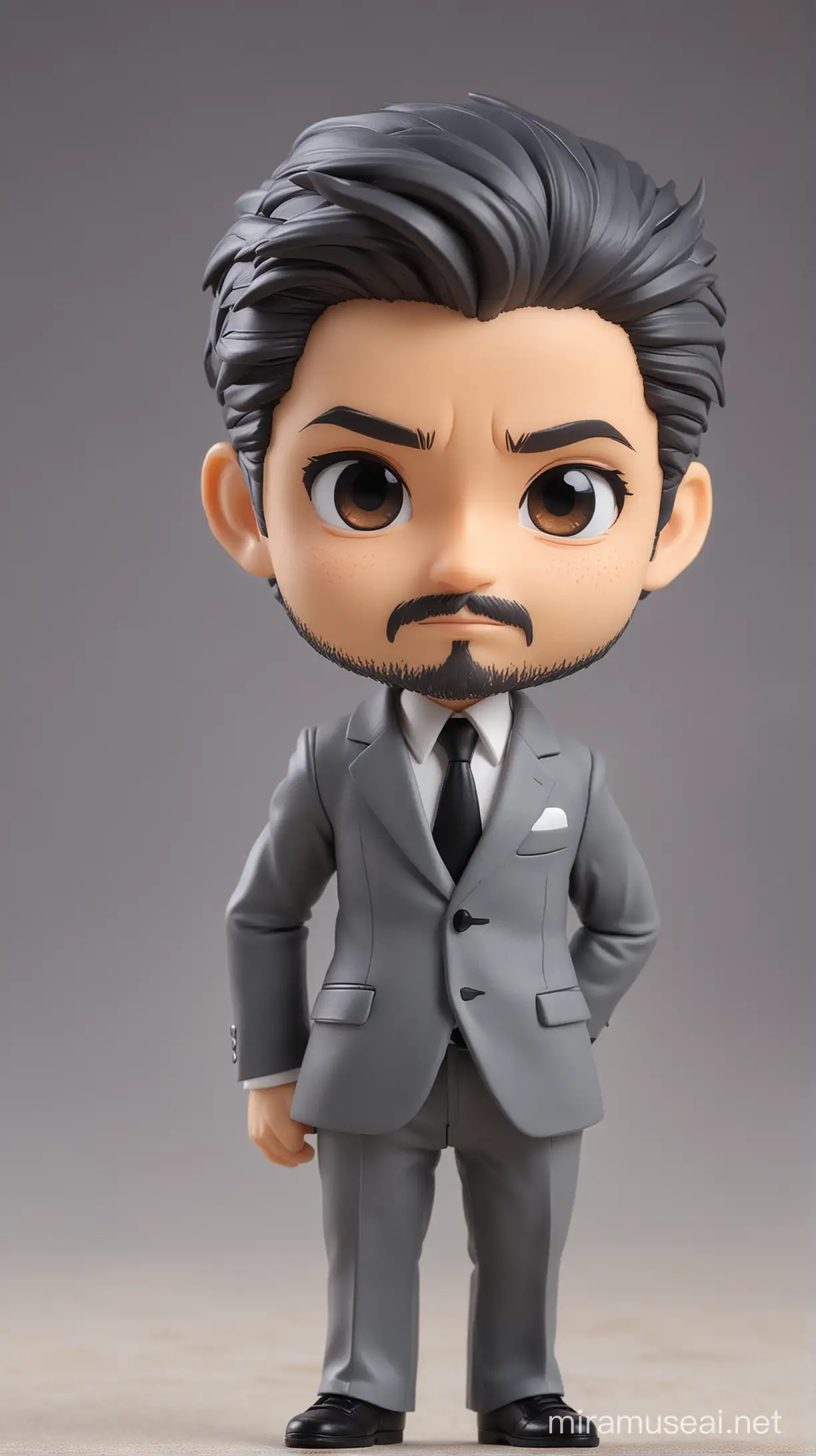 create a chibi Nendoroid version of Paco Plaza (Spanish film director) wearing a gray suit