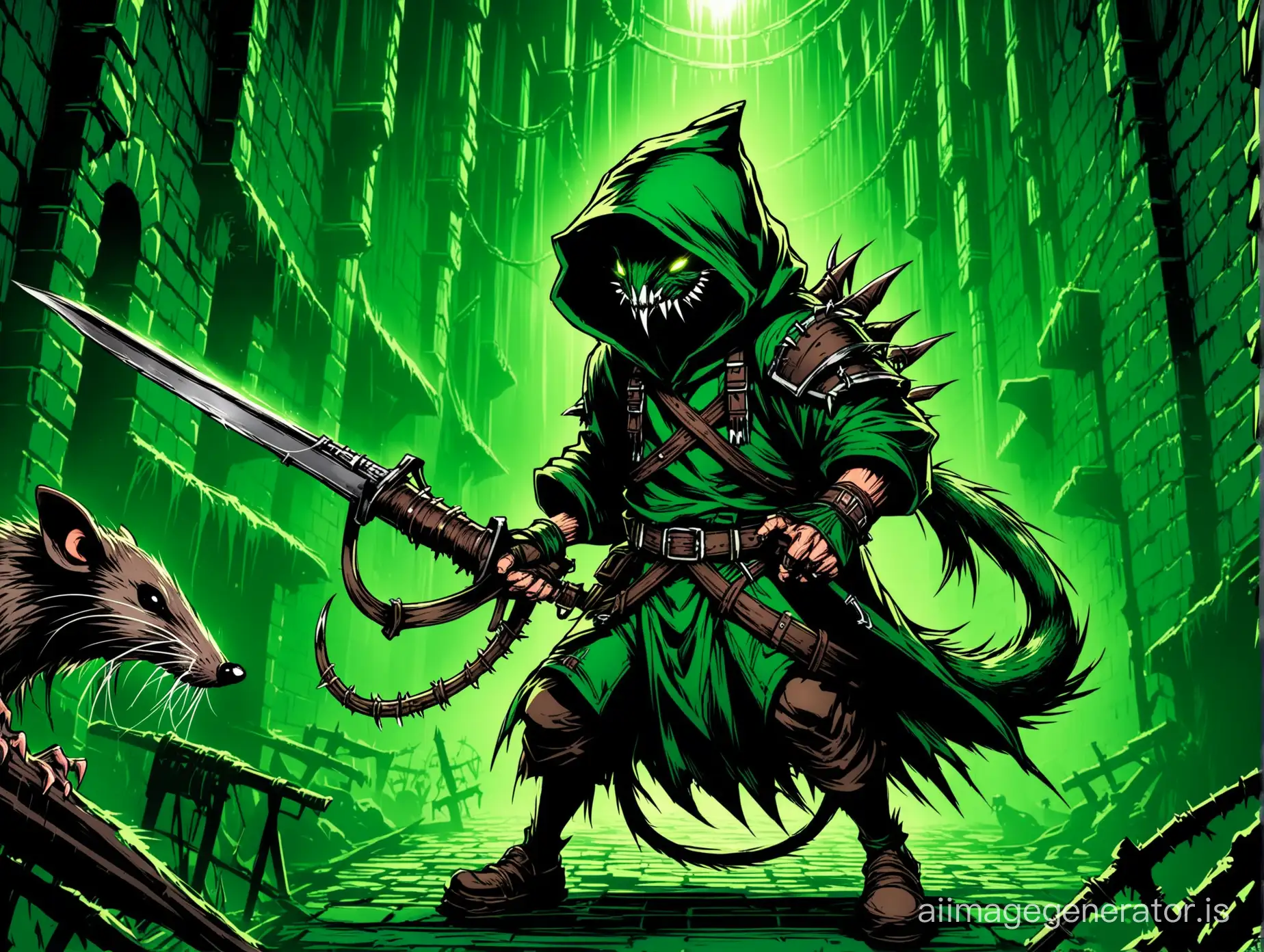 Arknights, ratman, (((skaven))), with a magic musket, is a little crazy, rat tail, against the backdrop of a dungeon, dark green tones, ((( in a hood))), juicy