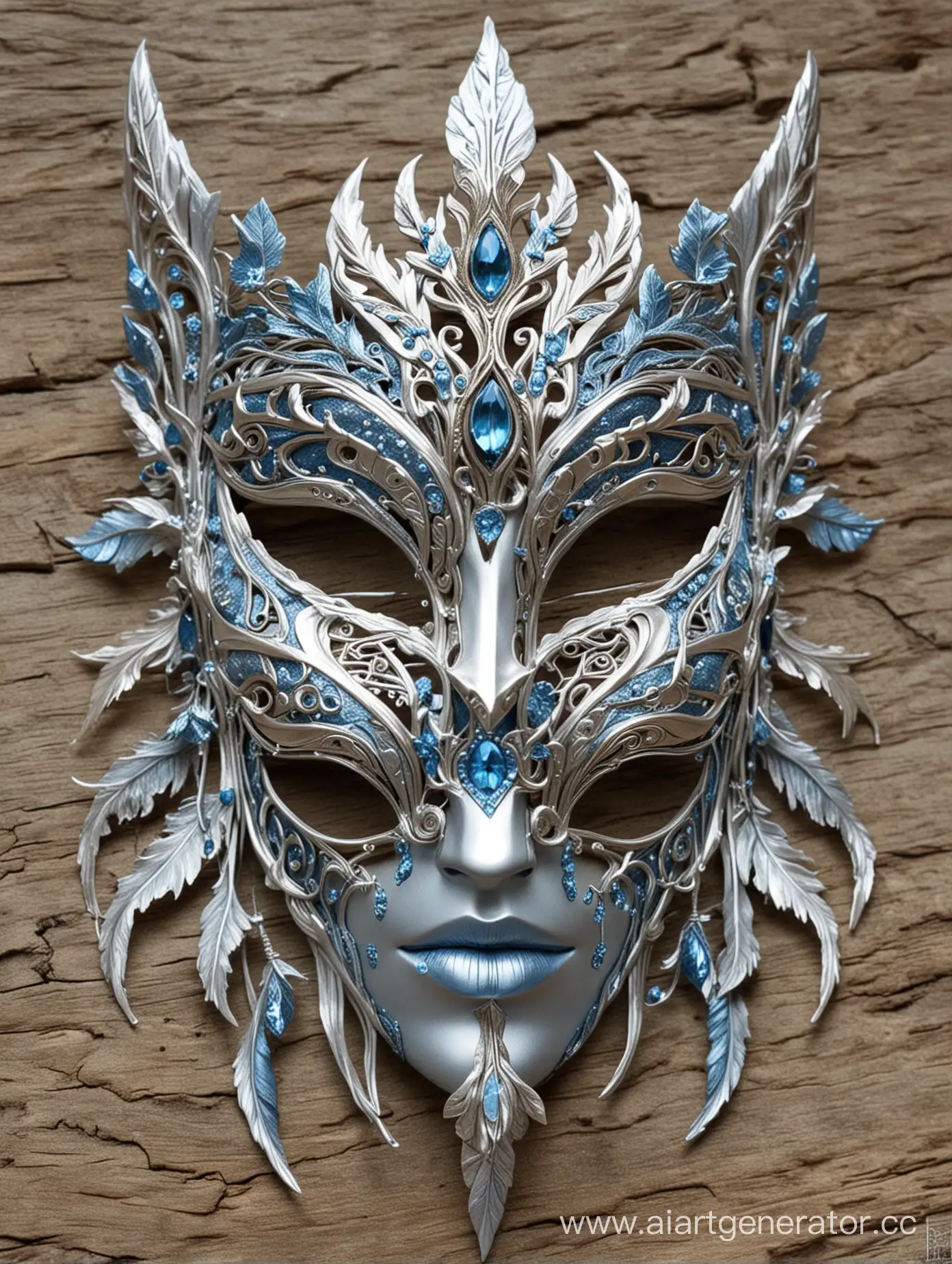 Маска прекрасной эльфийской лесной девы, декоративная, символичная, сложно выполненная, в серебряном, бежевом,  голубом, белом,  коричневом цвете