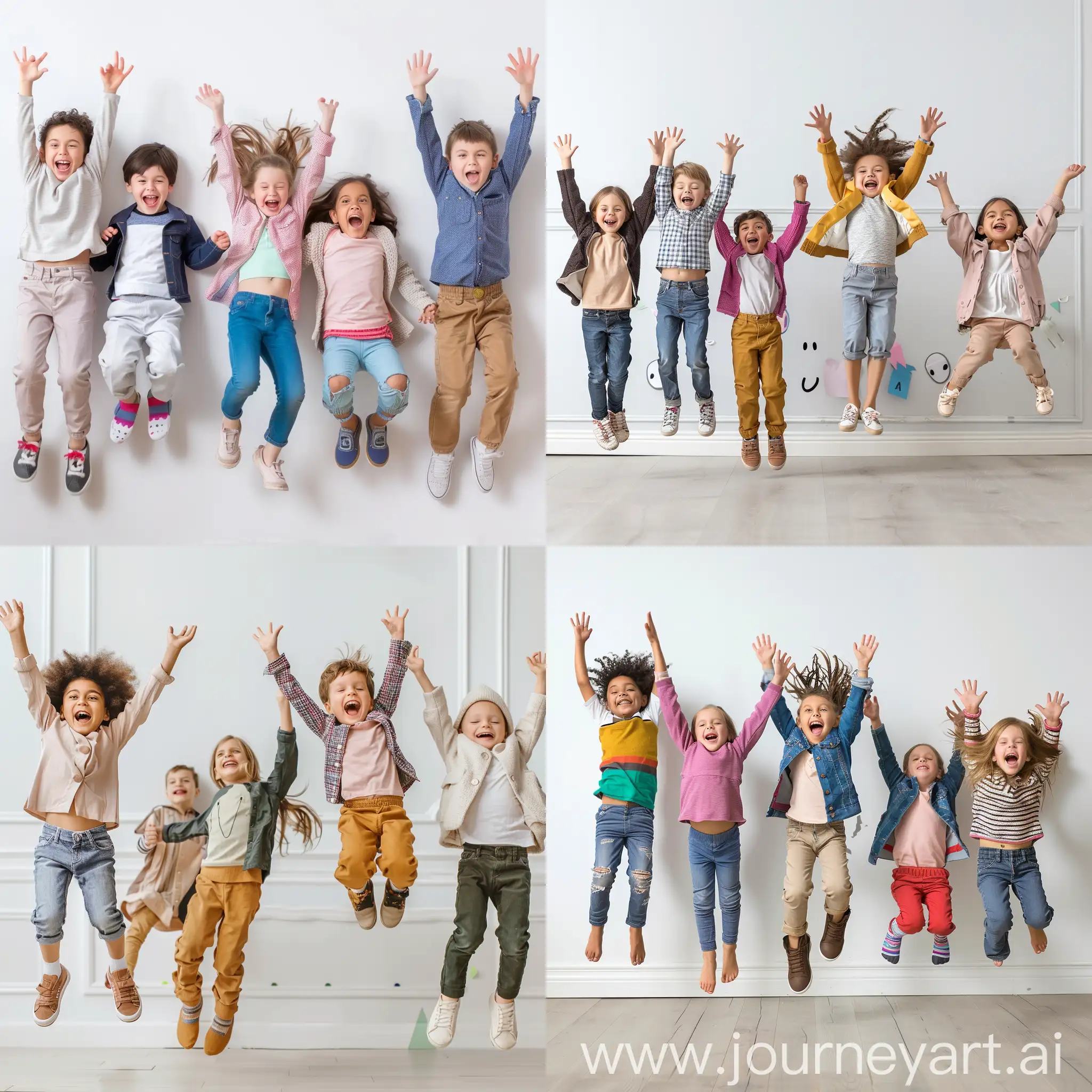 image of children in front of white wall jumping and laughing, in a children room and wide angle
