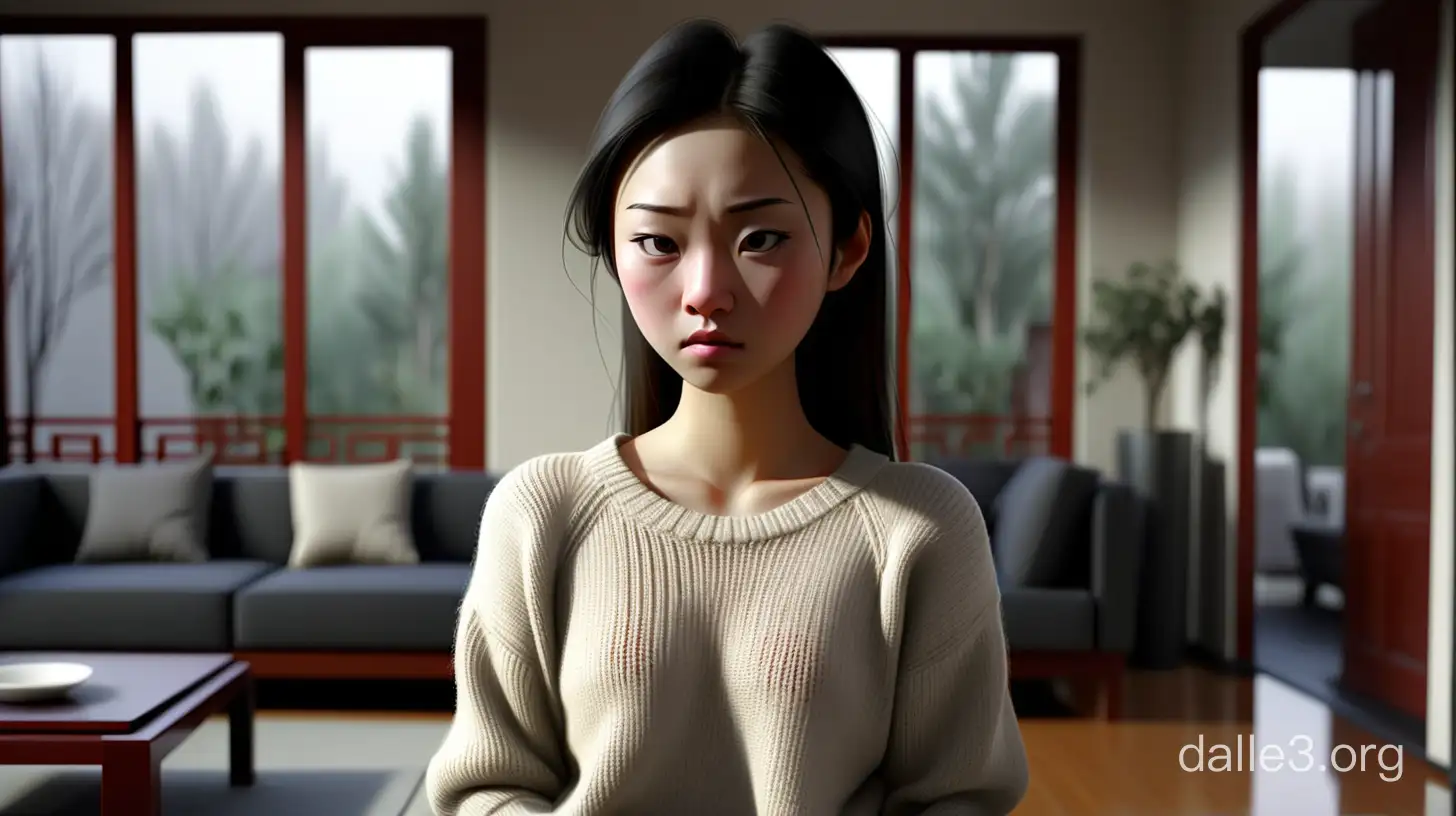 清晨，现代屋内，一个中国年轻女人穿着毛衣一脸不屑的样子
