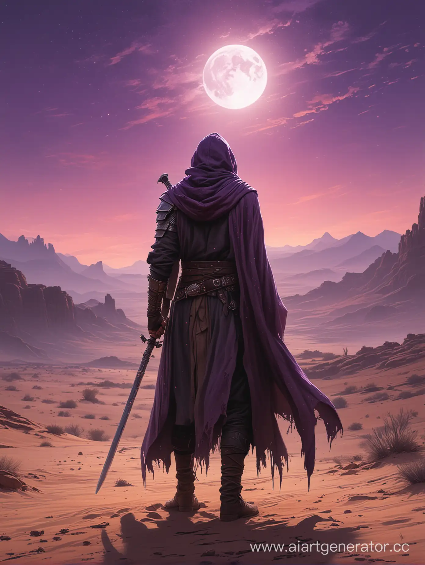 Мужчина в потрепанном плаще с надетым капюшоном стоит спиной, Правый рукав оторван, в правой руке палаш, На фоне пустыня и фиолетовое лунное небо