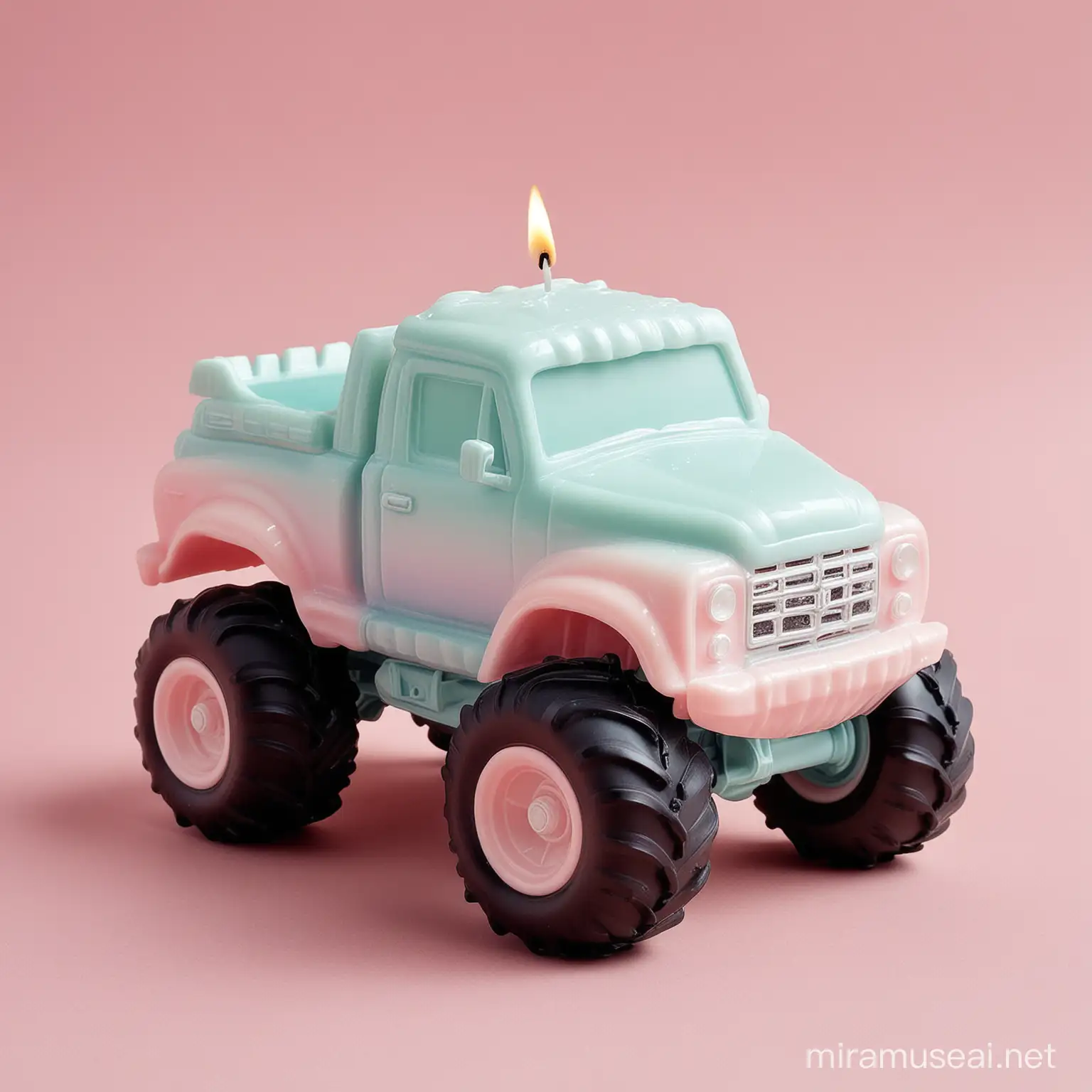 Monster truck shaped candle in pastel colours on a light pink background
