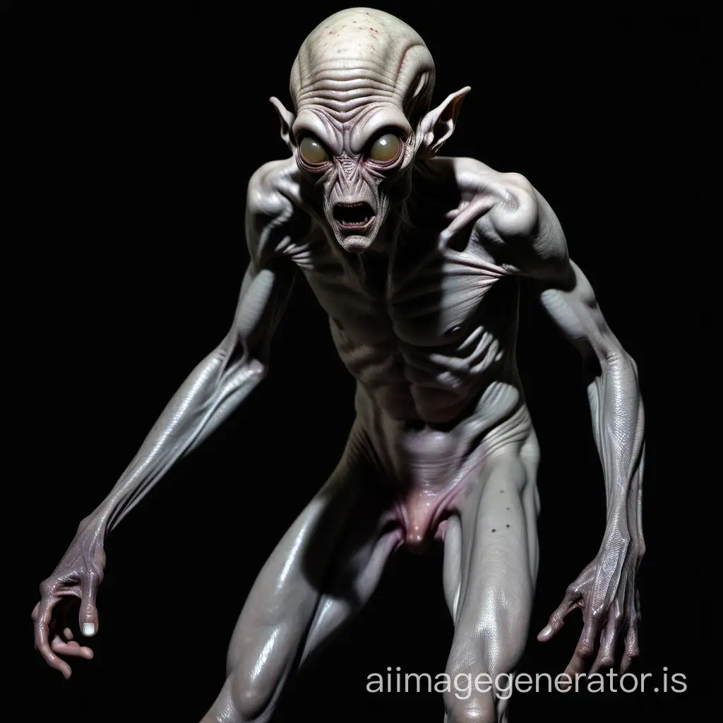 naked, skinny gray alien, abduction, terror,  full body, masculine alpha-male, sneak-attack, real, oozing, mischievous, highly intelligent, serious encounter, troublesome, on black background, in darkness, old, strong skin, ugly, big mucus brain, big hypnotic eyes, focused, ultra realistic, detailed, high-resolution image
