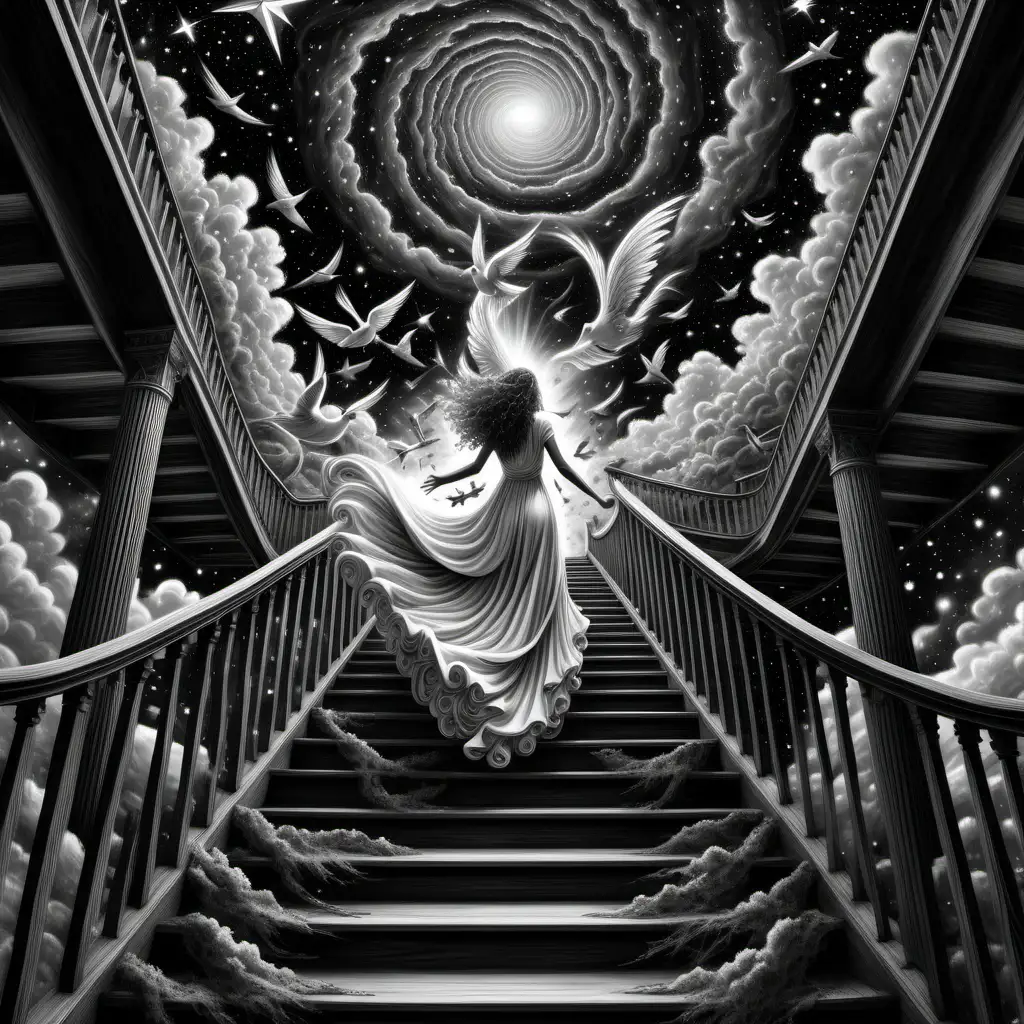 Multilayered black and white, birds  flying towards wide woodgrain detailed  stairs leading to nebula with fluffy clouds into a star burst,  beautiful very long curly haired and flowing long dressed angel coming down stairs with a wand in her hand
