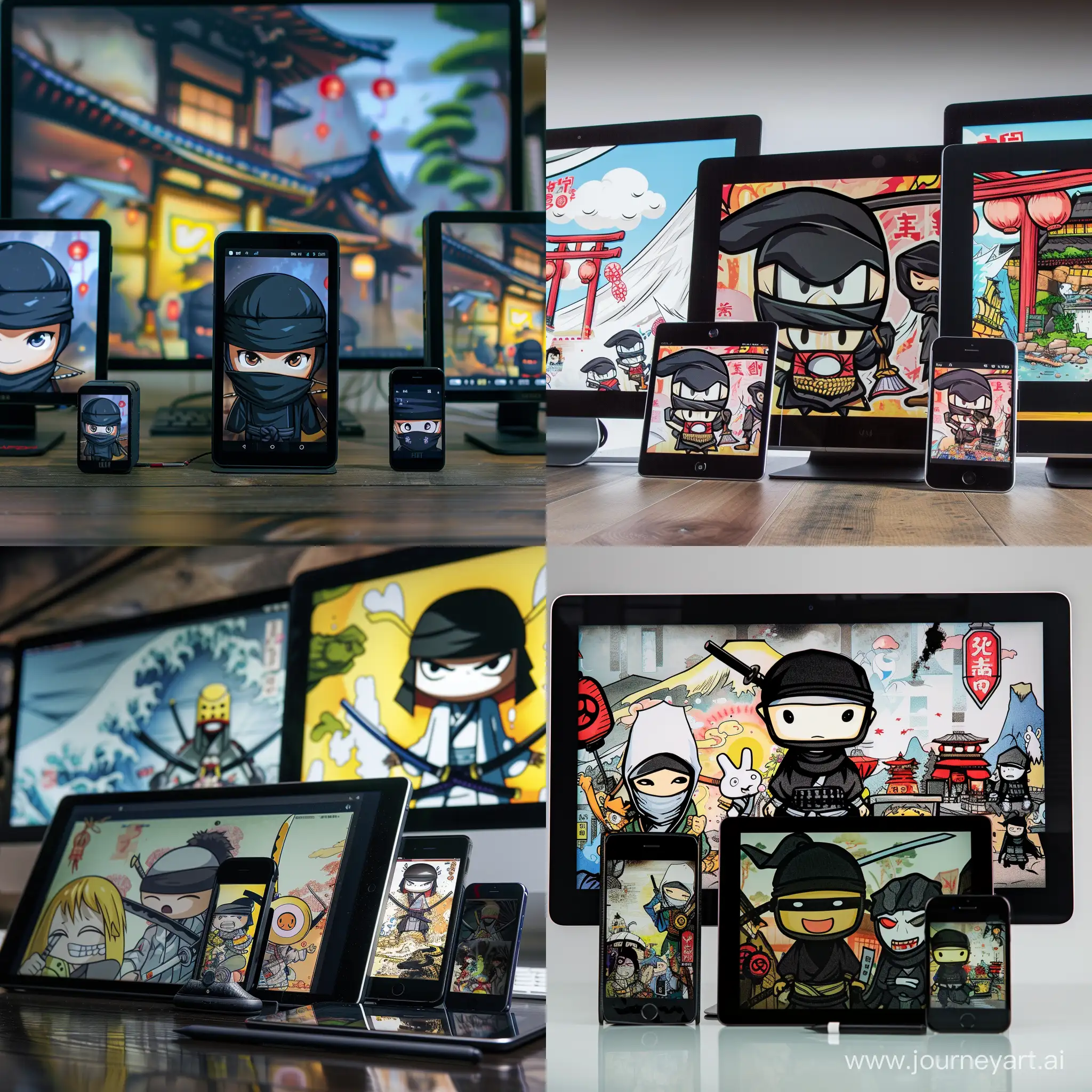 image of tablet, mobile and monitor screen in a row showing cartoon of ninja hattori, doremon and anime