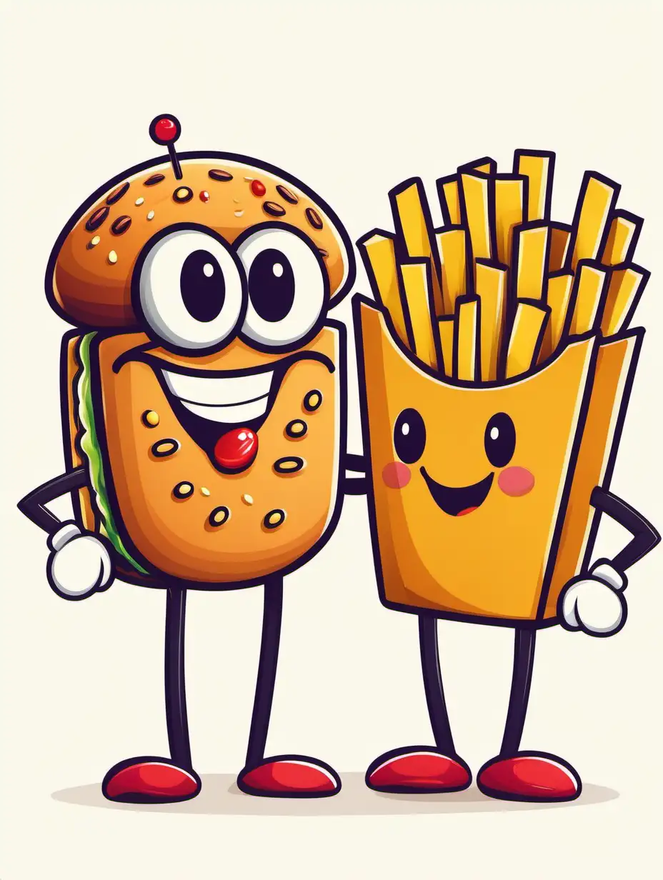create an illustration of a cartoon burger and fries coupole character, smiling, white background
