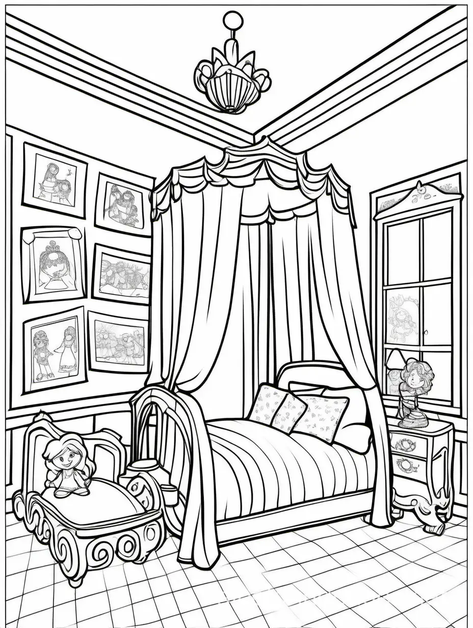 little girl's princess bedroom
, Coloring Page, black and white, line art, white background, Simplicity, Ample White Space. The background of the coloring page is plain white to make it easy for young children to color within the lines. The outlines of all the subjects are easy to distinguish, making it simple for kids to color without too much difficulty