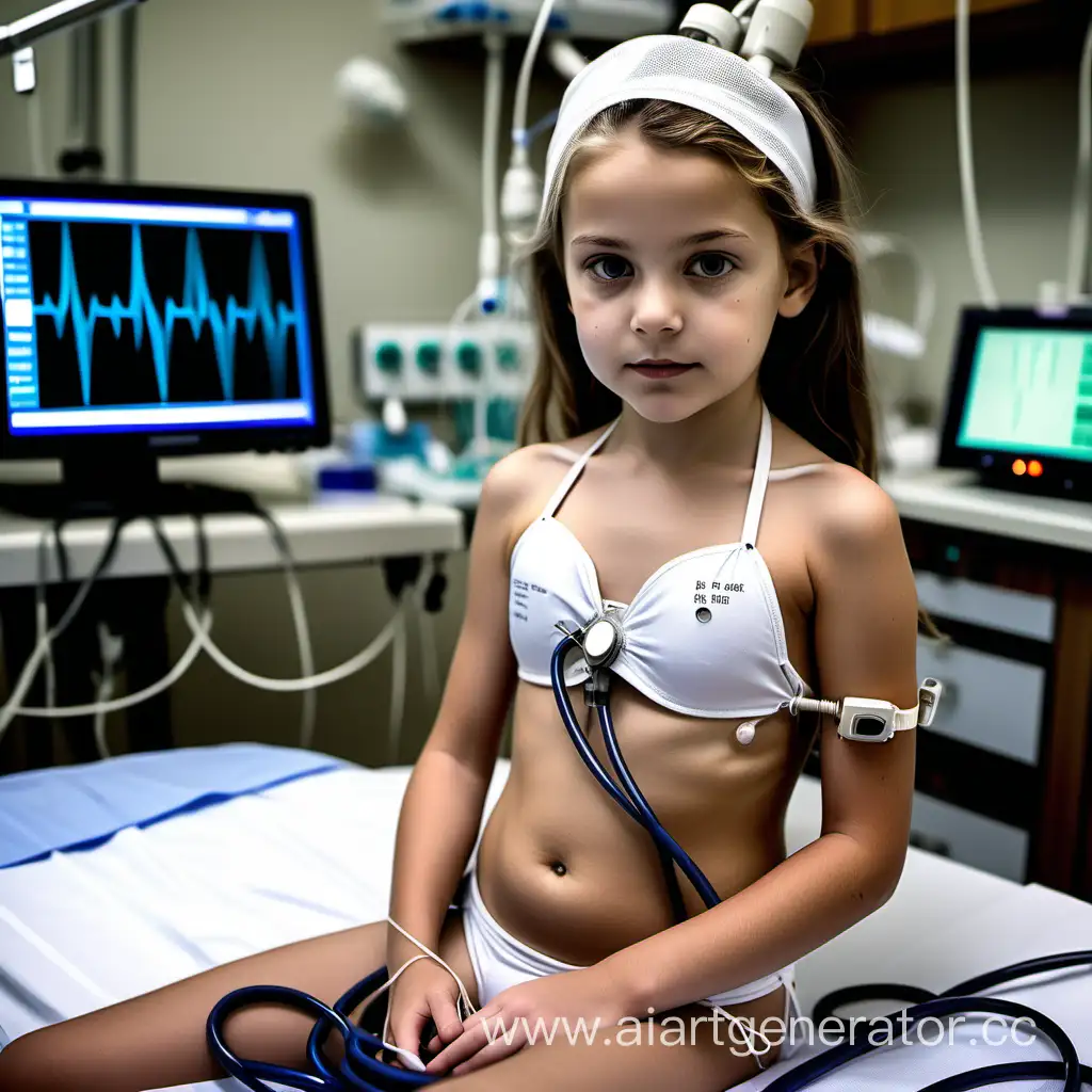 a nine-year-old girl wearing white bikini, and round EKG electrodes, in the hospital operating room, surrounded by heart monitors, a defibrillator, and lots of medical equipment. She just went into cardiac arrest.