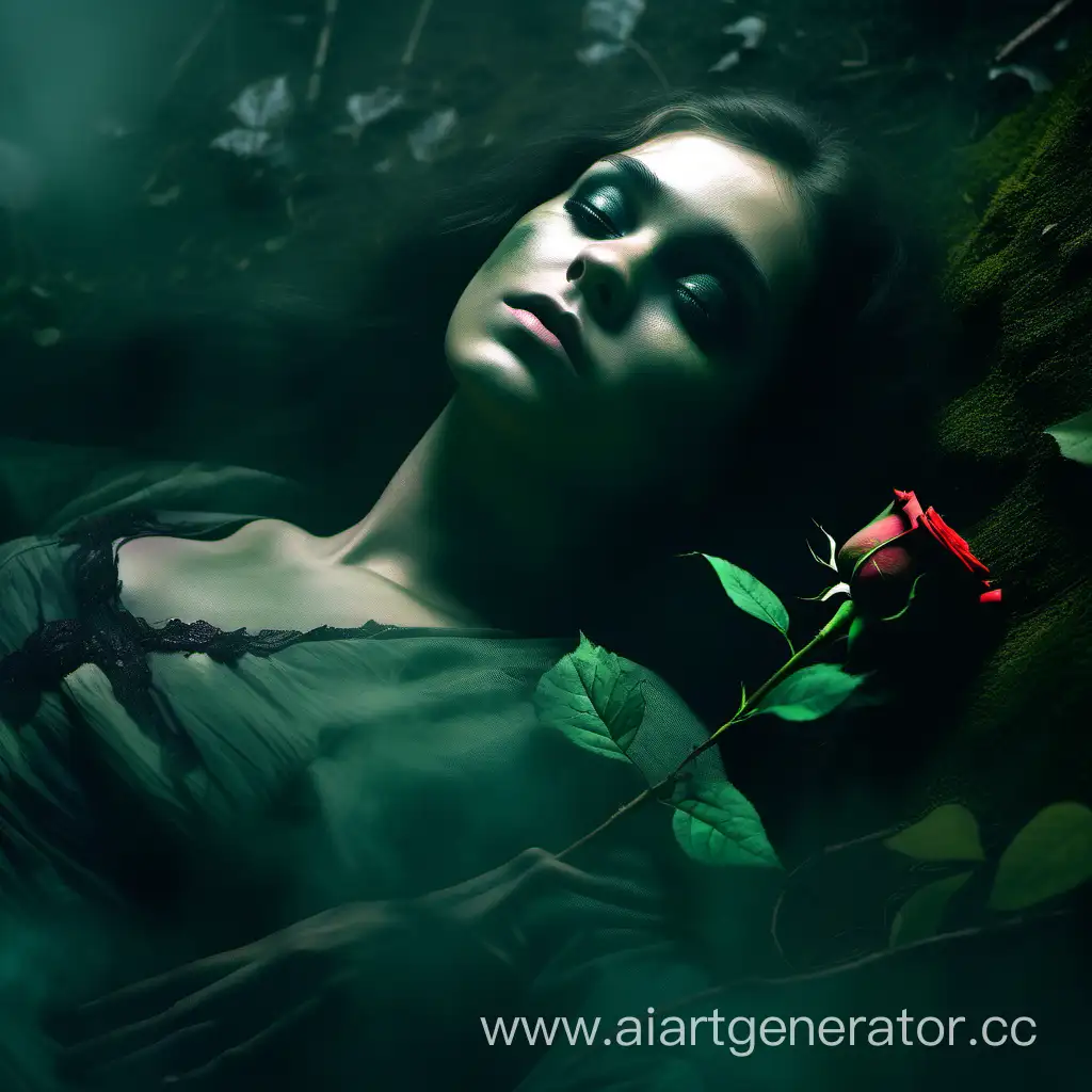 Mystical-Forest-Scene-Enigmatic-Girl-with-Green-Mist-Eyes-Holding-a-Rose