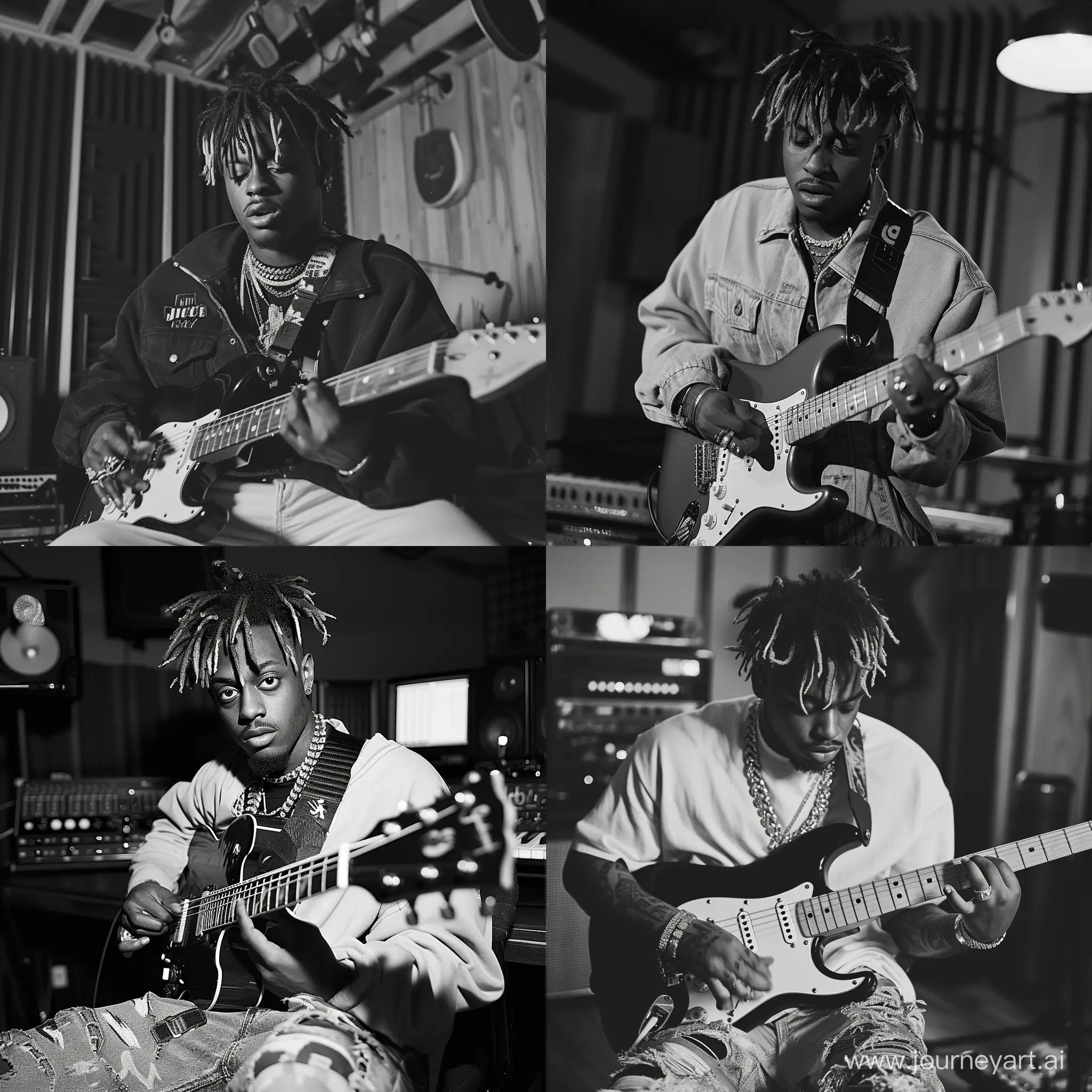 A 1950s Black and White Photograph,of Juice WRLD,in a music Studio playing a Guitar 