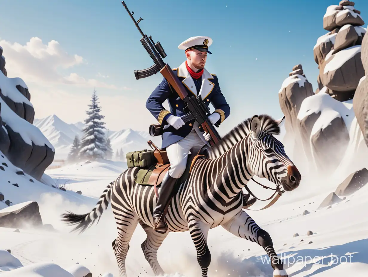 sailor in a capless hat and riding on a zebra with a large-caliber machine gun against the backdrop of snow-covered rocks