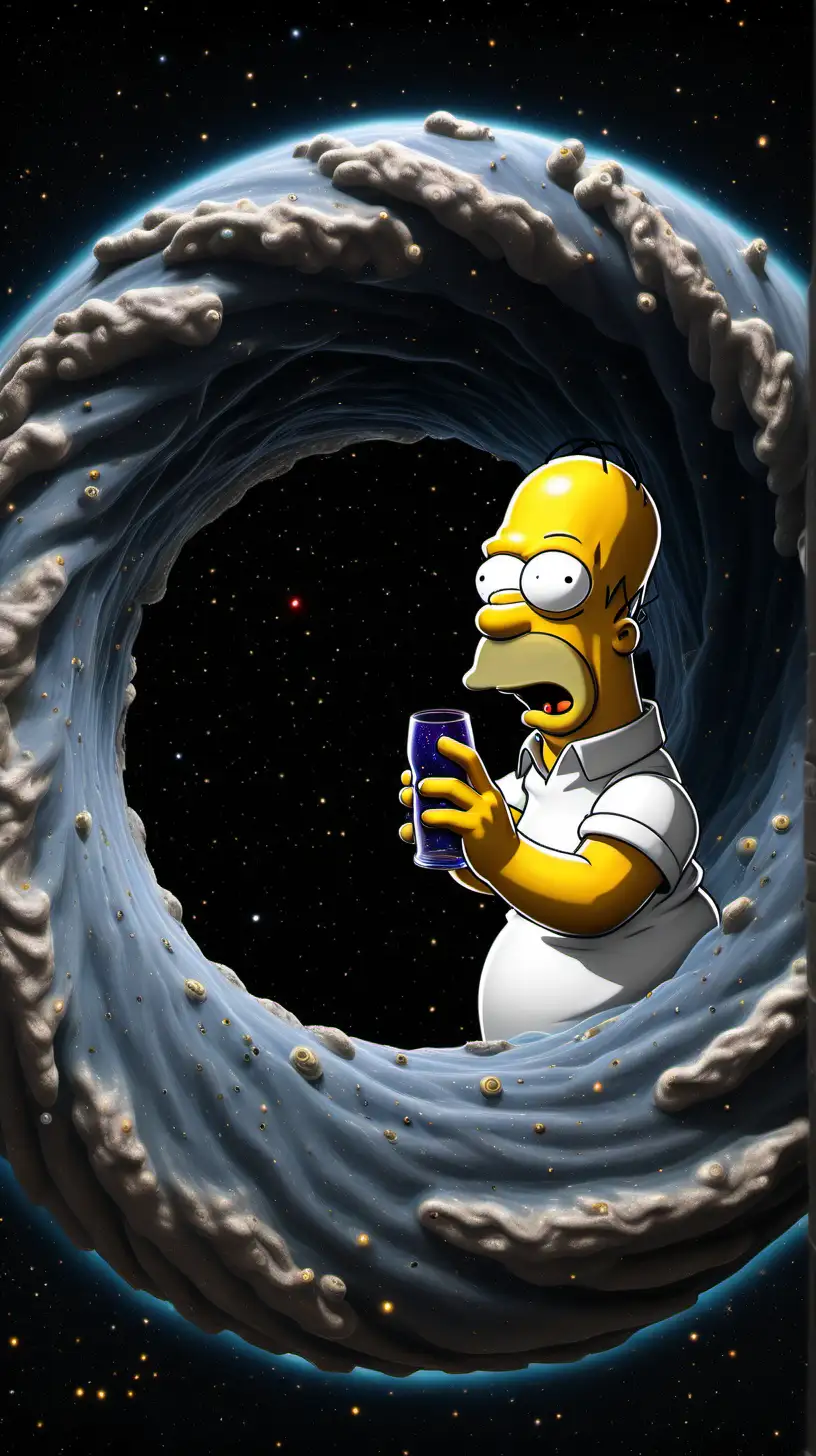 A realistic homer simpson looking into a wormhole bending space and time