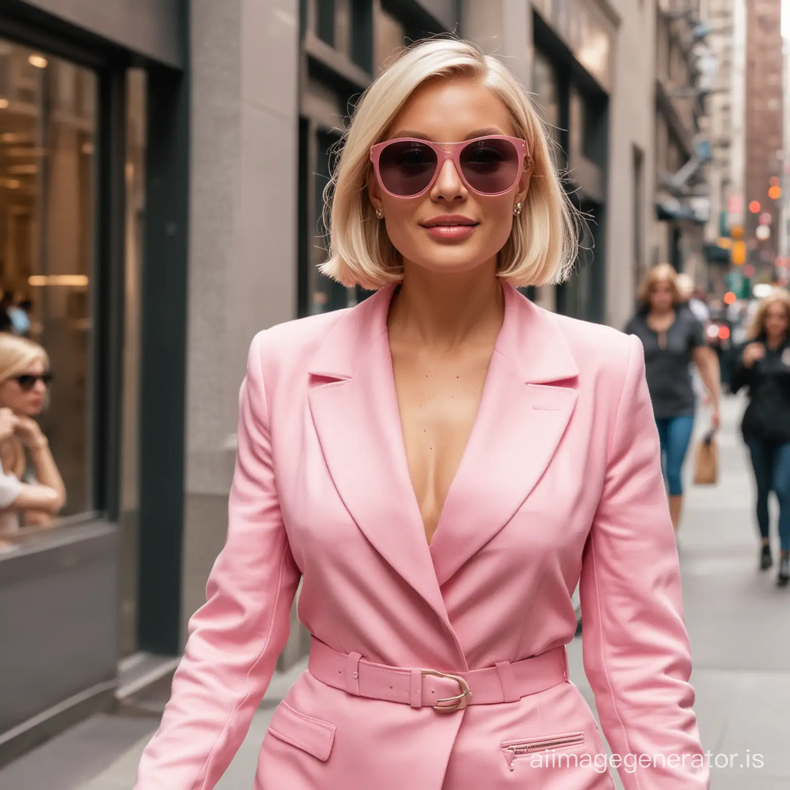 famous blonde woman with a bob cut wearing pink stepping out the office being photographed by paparazzi  in new york city wearing sunglasses