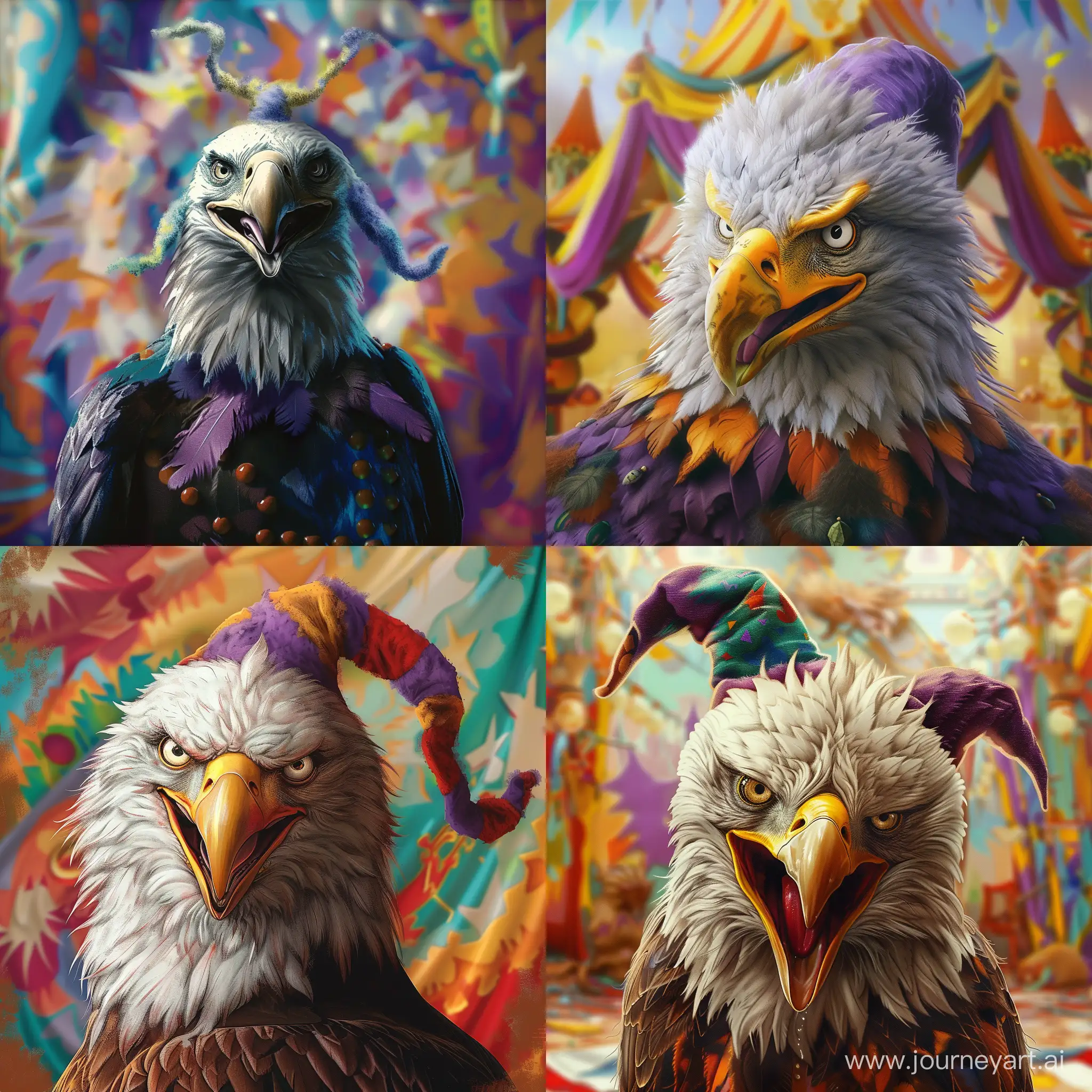 a mischievous jester-like eagle that enjoys ridiculing everything and everyone. The scene should portray the eagle in a whimsical and mocking manner, perhaps with a sly smile or cunning expression. The background could be a colorful, surreal setting to enhance the playful and mischievous atmosphere. Additionally, the image should be stylized to have a high artistic appeal to bring out the character's personality and the overall whimsical theme of the prompt. Please do not enforce anime style --q 3