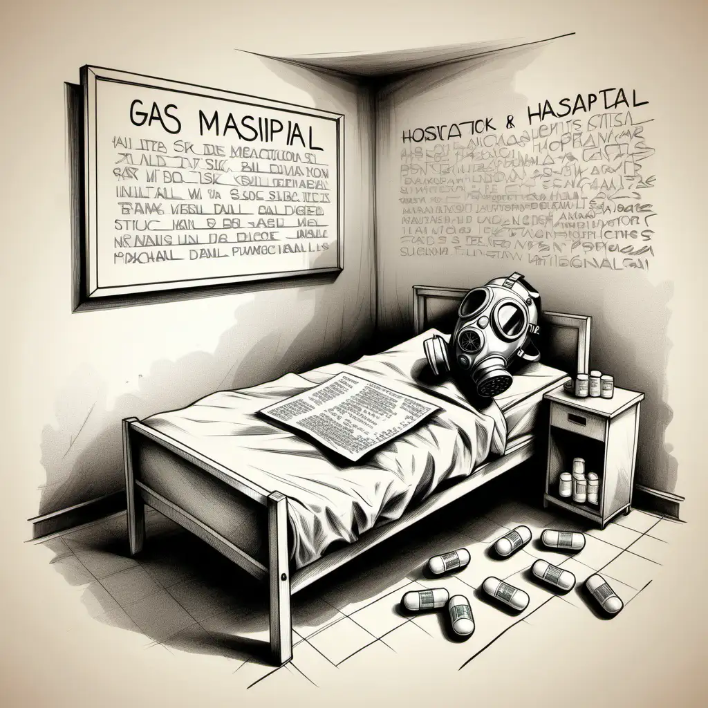 Gas mask hospital bed sick medication pills with writing on the wall sketch
