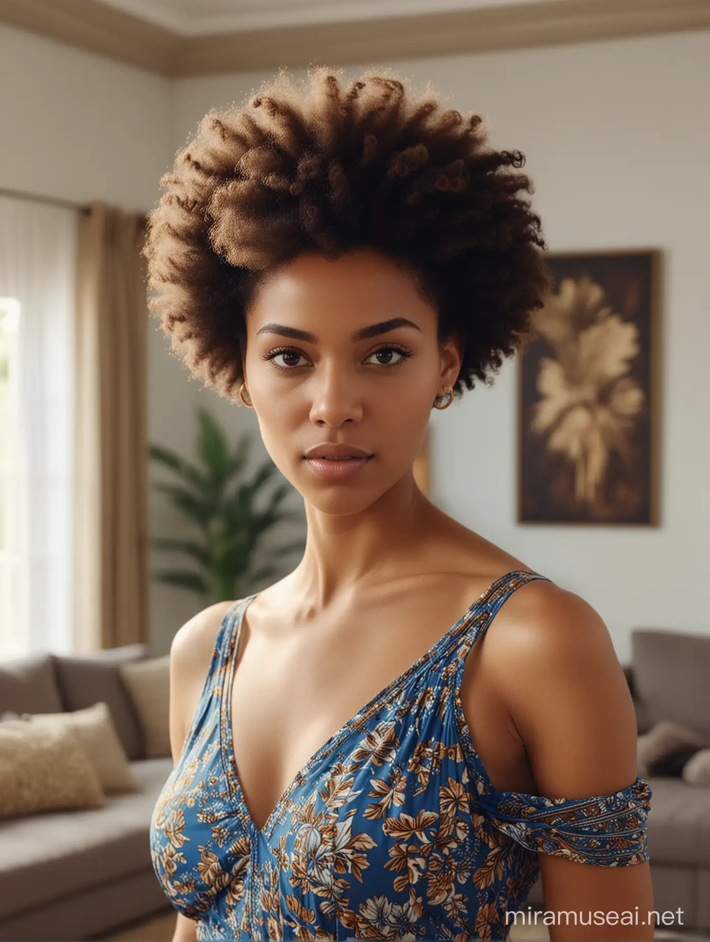 A very beautiful carribean woman wearing a carribean dress is doing her own hair with an afro comb, with detailed face features, he is looking at the camera lens with a modern living room in the background in the style of light brown and blue black, fashwave ,warm tones, and highly detailed. Cinematic shot, candid celebrity shots, uhd image, body extensions, natural beauty --ar 69:128 --s 750 --v 5. 2