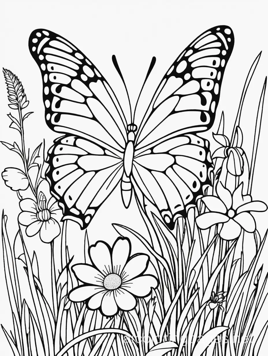 butterfly in the garden full of grass flowers, Coloring Page, black and white, line art, white background, Simplicity, Ample White Space. The background of the coloring page is plain white to make it easy for young children to color within the lines. The outlines of all the subjects are easy to distinguish, making it simple for kids to color without too much difficulty