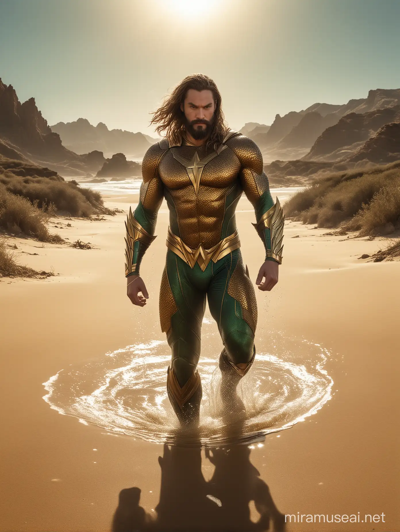 
In an unlikely setting, far from the depths of the ocean, Aquaman finds himself amidst the unforgiving expanse of the desert. The scorching sun beats down relentlessly, casting waves of heat across the arid landscape. Yet, despite the harsh surroundings, Aquaman stands tall, his determination unyielding.

Surrounded by endless dunes of sand, Aquaman's presence seems almost surreal. His Atlantean armor glistens in the sunlight, a stark contrast to the barren landscape. With each step, he feels the weight of the desert pressing down upon him, a reminder of the challenges he must overcome.

Though far from the sea, Aquaman remains connected to the elements. He can sense the subtle shifts in the desert's ecosystem, feeling the pulse of life beneath the scorching sands. It is a different kind of environment, but one that he approaches with the same reverence and respect as he does the ocean depths.

As he journeys through the desert, Aquaman encounters a lone oasis, a shimmering pool of water amidst the sea of sand. It is a welcome sight, offering respite from the relentless heat. With gratitude in his heart, Aquaman approaches the oasis, knowing that even in the most unexpected places, nature provides.

But his moment of reprieve is short-lived, for danger lurks beneath the tranquil surface. As Aquaman dives into the cool waters, he is confronted by a fierce guardian, a creature of the desert depths intent on protecting its oasis. Undeterred, Aquaman faces the challenge head-on, his Atlantean strength and resilience proving to be formidable allies.

In the end, Aquaman emerges victorious, his bond with the natural world strengthened by the encounter. As he continues his journey through the desert, he carries with him the memory of the oasis, a testament to the interconnectedness of all living things, even in the most unlikely of places.