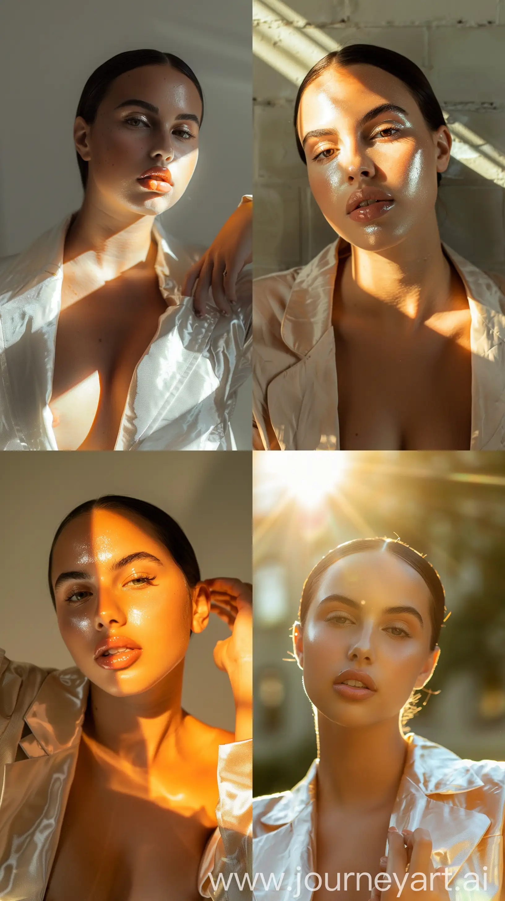 A professional photo session of an elegant woman with rays of sunlight, boss poses, and stylish feminine blazer --cref https://i.pinimg.com/originals/7e/71/33/7e71334de99aee1973f50dd1df638b3c.jpg --style raw --ar 9:16 --v 6