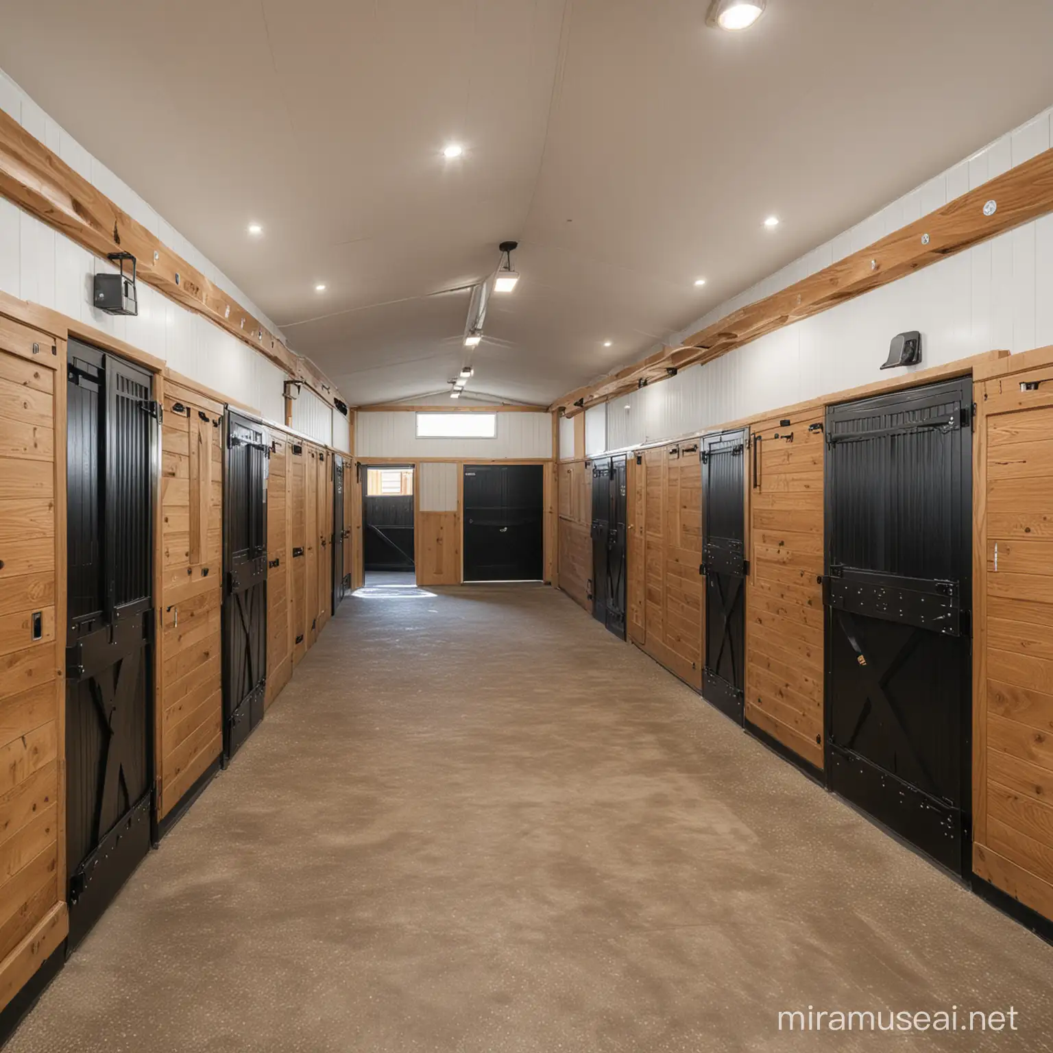 Calm and Quiet Horses: These stables typically feature spacious, well-ventilated box stalls with solid doors to provide privacy and tranquility for the horse. They are often located away from high-traffic or noisy areas.  luxury. oak wood. black hardware.