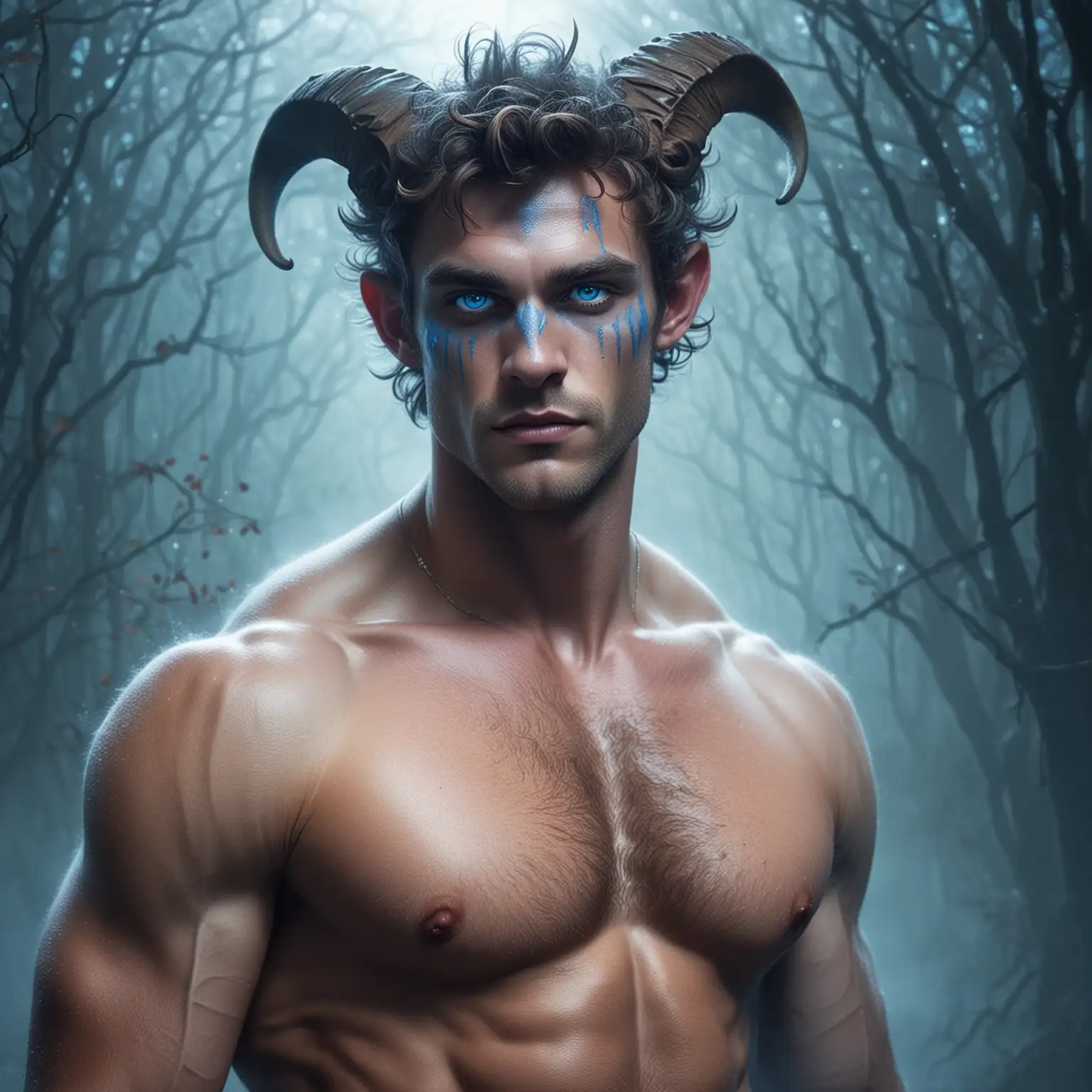 Illustration of a handsome and sexy satyr, half man, half beast, shirtless, with bright blue eyes, blue fog