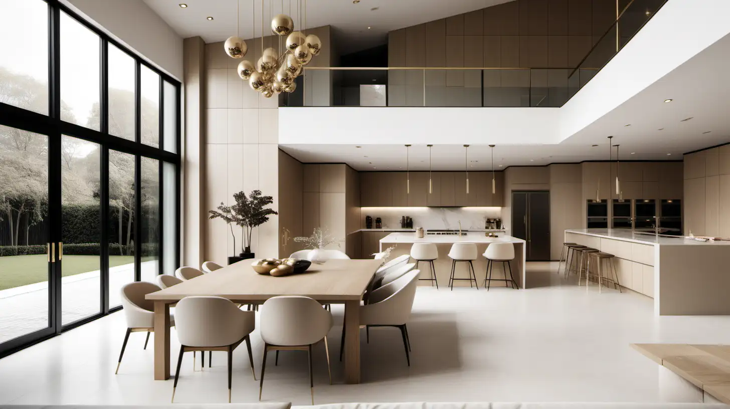 grand Minimalist open plan living, dining, kitchen ; double height ceilings; beige, oak, brass colur palette; 

