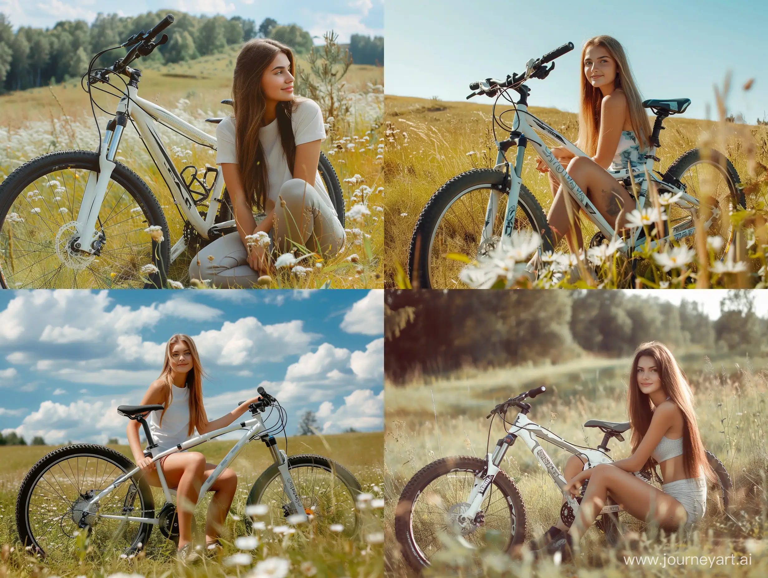 красивая девушка сидит рядом с белым горным велосипедом на летней поляне