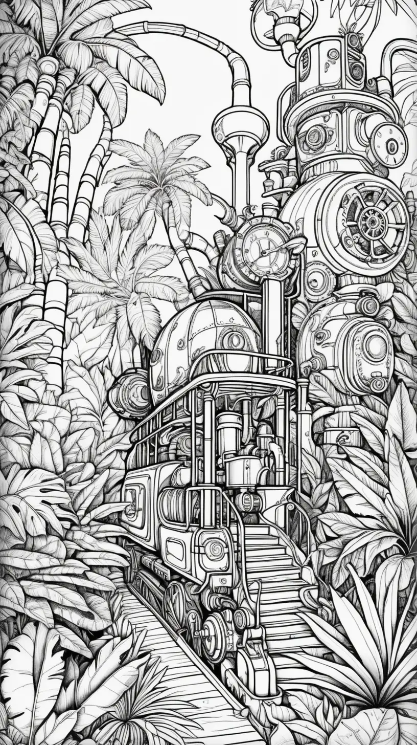steampunk style tropical forest , thick clean black lines, coloring book image, cartoon style, minimalist line style, 