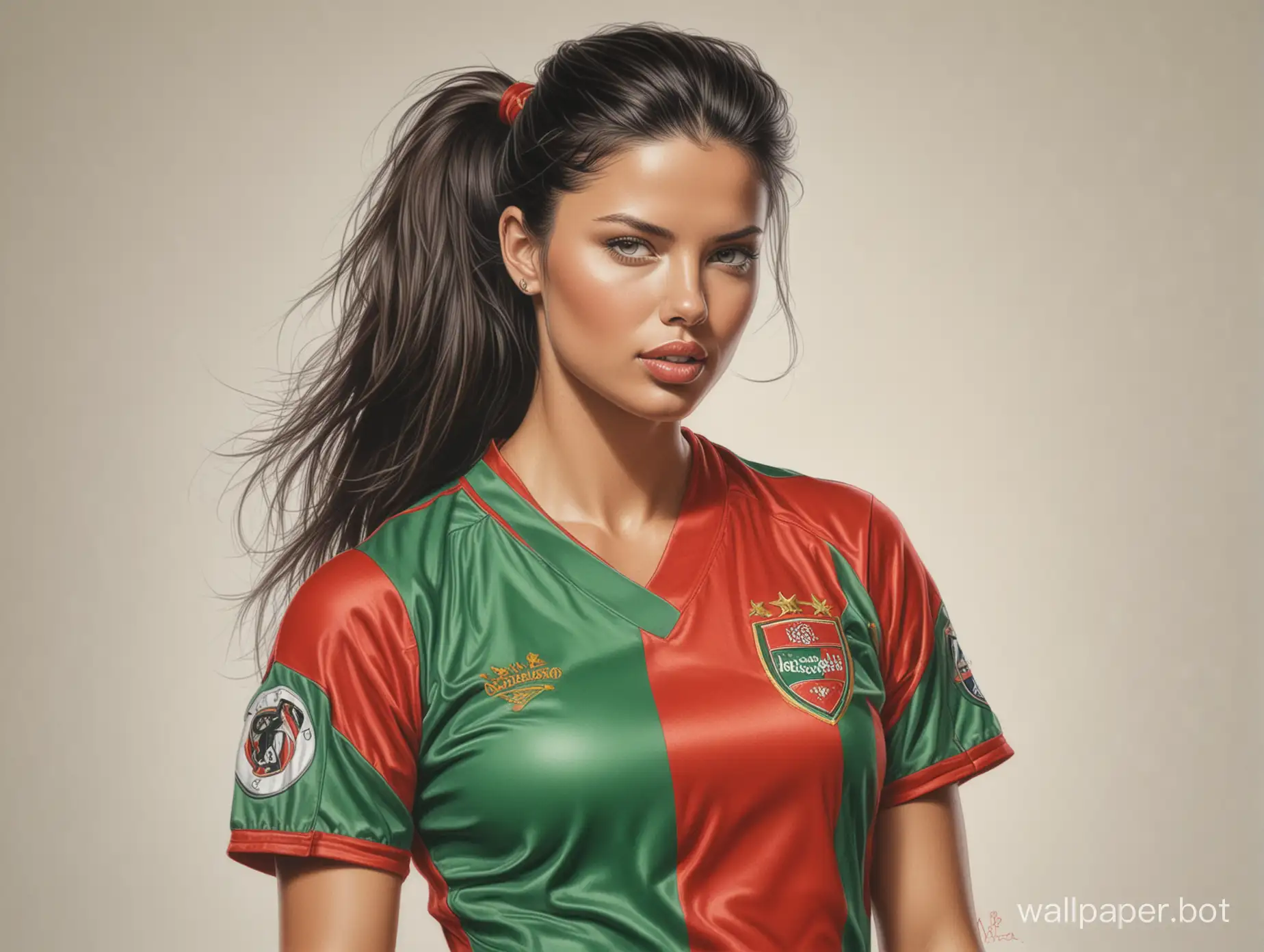 Sketch of Adriana Lima, 25 years old, dark hair styled with a 7th cup size, narrow waist, in a green-red soccer uniform, on a white background, highly realistic drawing in colored pencil, Boris Vallejo style portrait 16K.