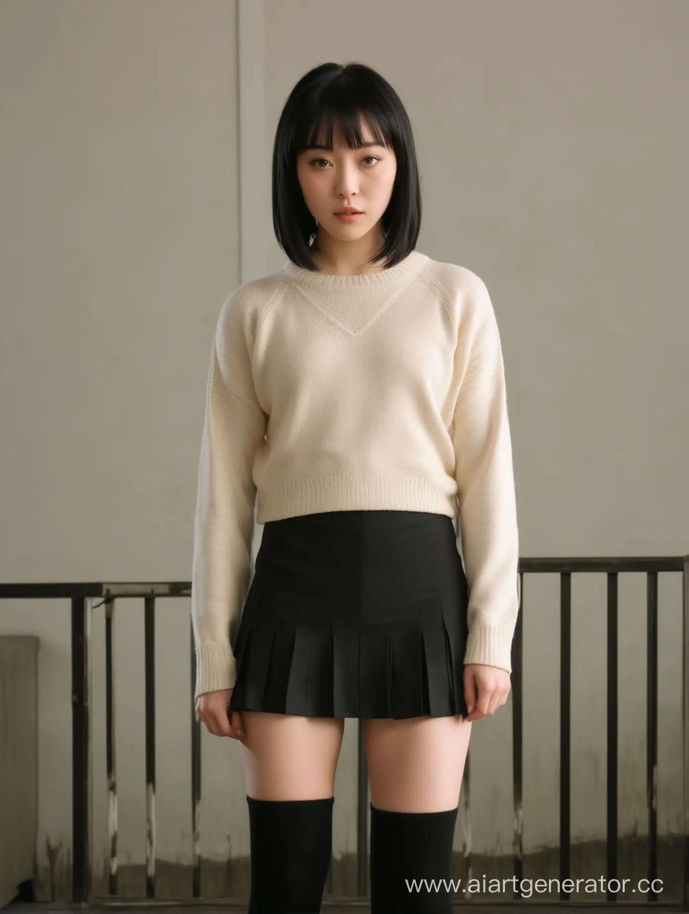 Close-up movie photo 2008s Shibuya, frutiger aero, rebellious teenage girl (Rinko Kikuchi), pale skin, shoulder-length black hair with straight bangs, sweater and school miniskirt, loose socks and Uwabaki.