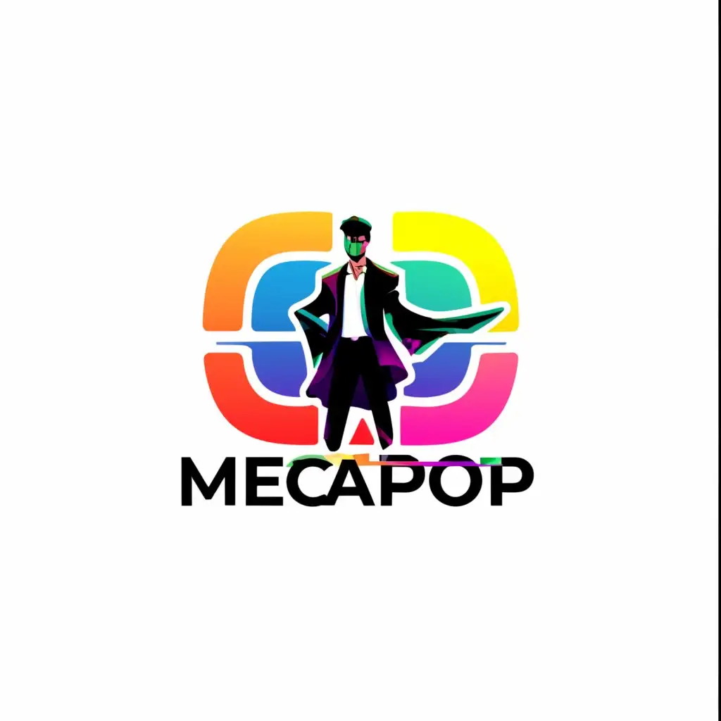 a logo design,with the text "MegaPop", main symbol:Anime retro colour style. Stylish man in suite in action, Anime character.,Minimalistic,be used in Entertainment industry,clear background