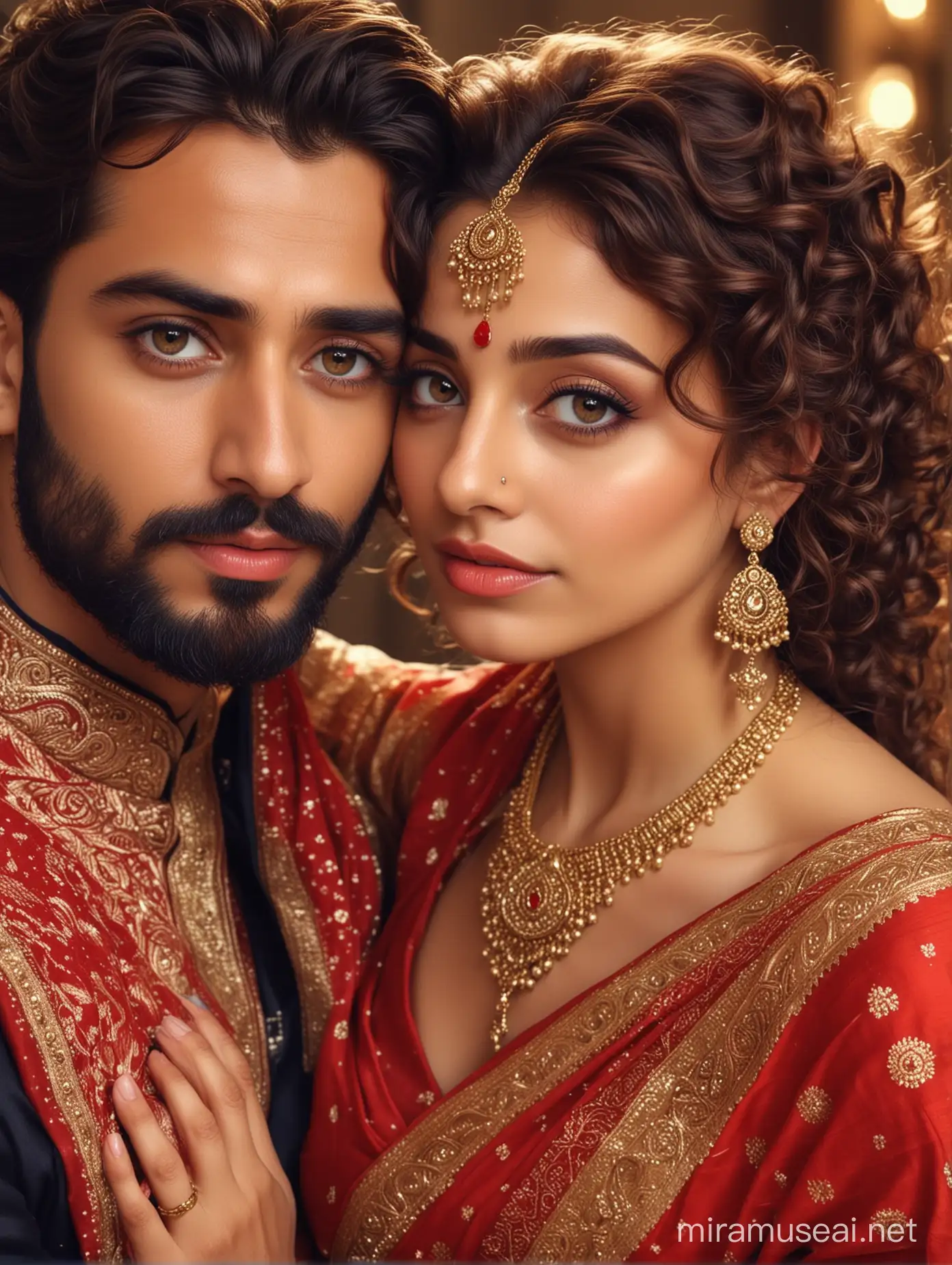 full photo portrait of most beautiful european couple as most beautiful indian couple, most beautiful girl in elegant color saree and thick long curly hairs, big wide eyes, full face, red dot, makeup, golden jewelry, man with stylish beard, man perfect short  hair cut, formals, girl embracing boy and resting  forehead  on boy shoulder in solace, photo realistic, 4k.