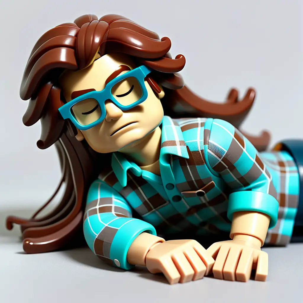 male lego character long brown hair, cyan plaid top, glasses, SLEEPING, laying down
