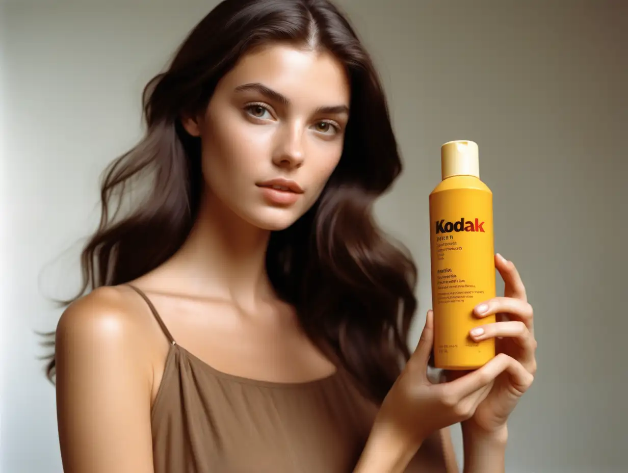 Brunette Model with Kodak Gold 400 Film Captures the Essence of Natural Beauty with Neutral Shampoo Bottle